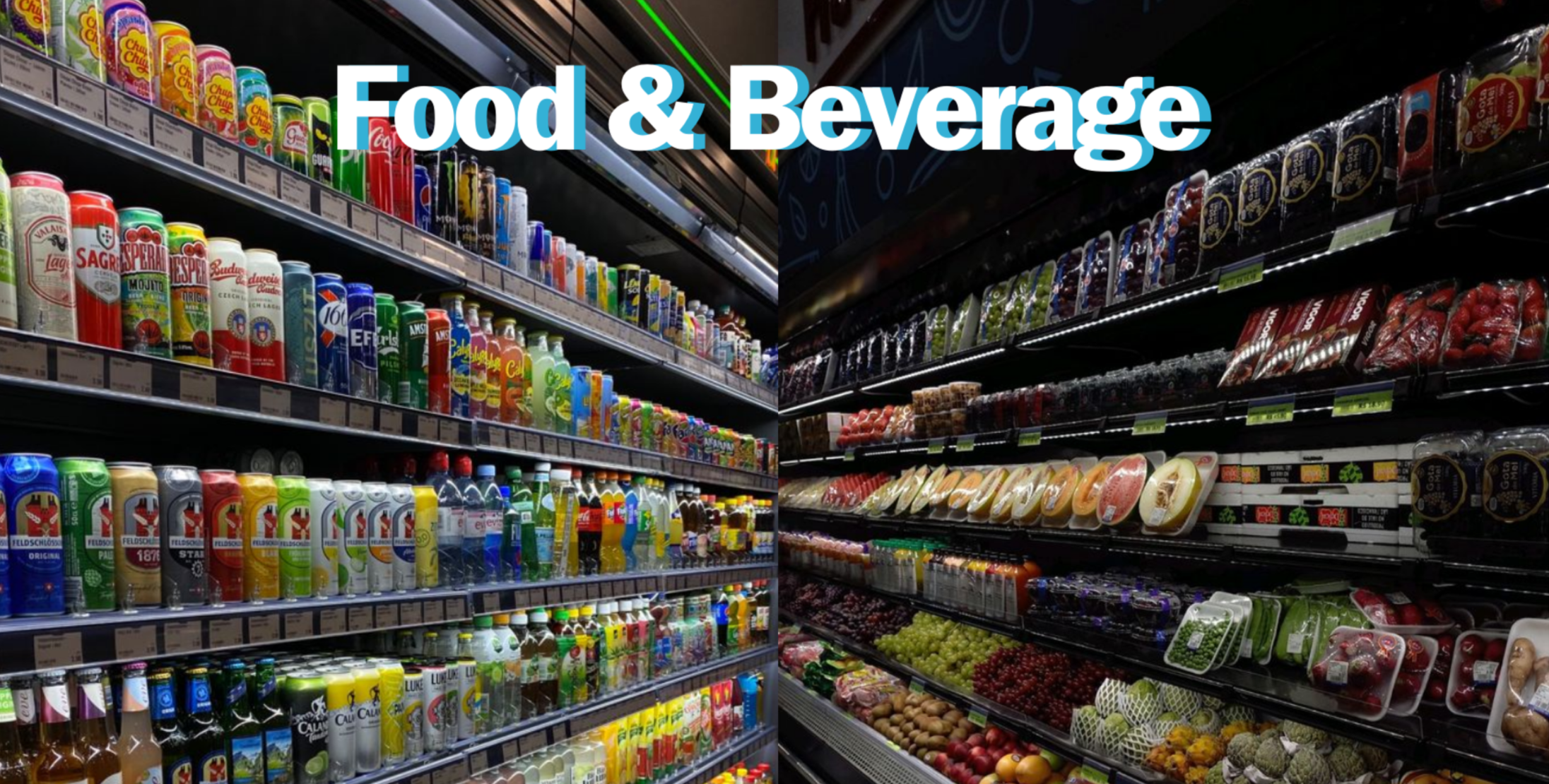 Scaffali di supermercato con bevande e prodotti alimentari, frutta e ortaggi.