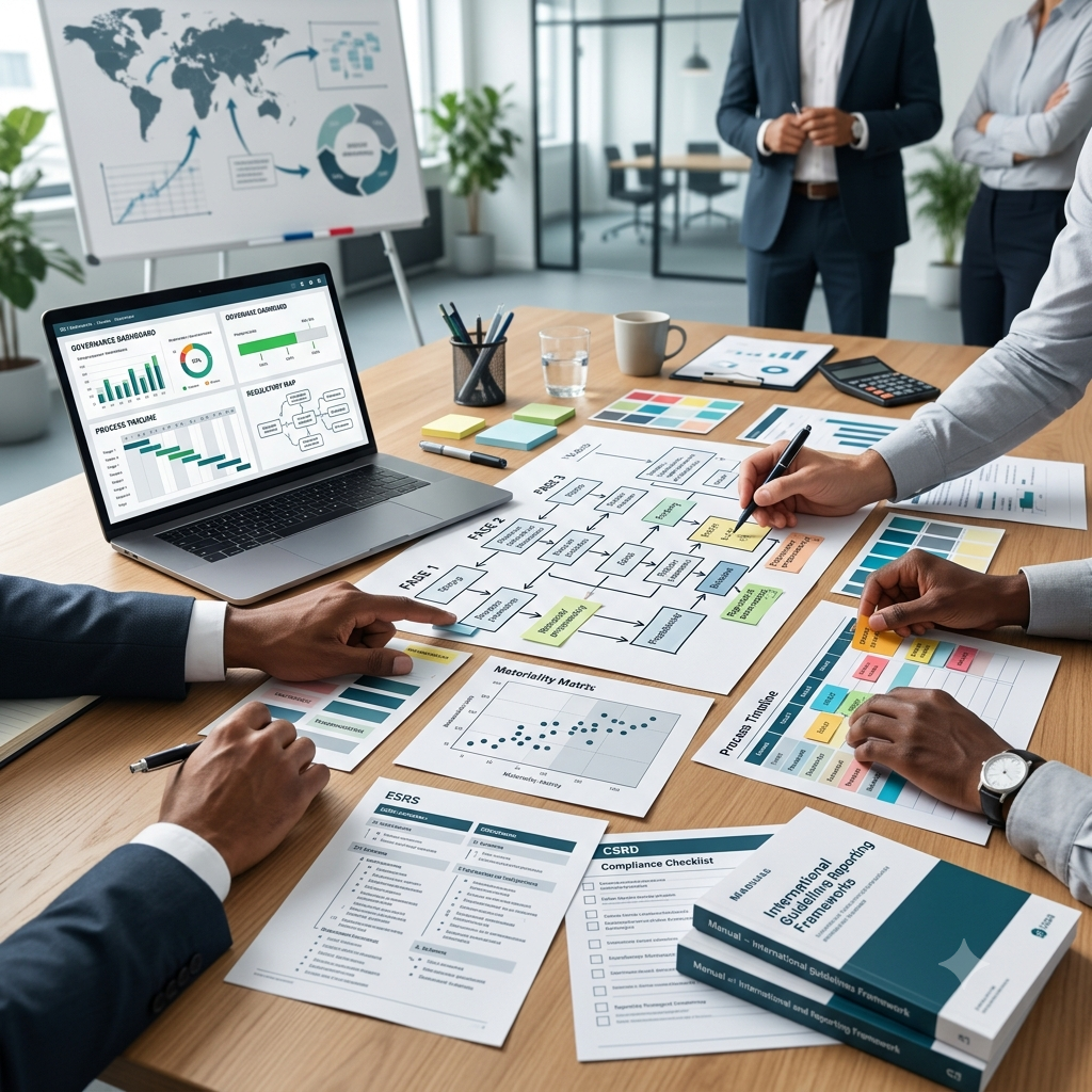 Un team di professionisti lavora su flowchart e dati analitici in una sala riunioni, con grafici su laptop e carte sul tavolo, in un ambiente di ufficio moderno.
