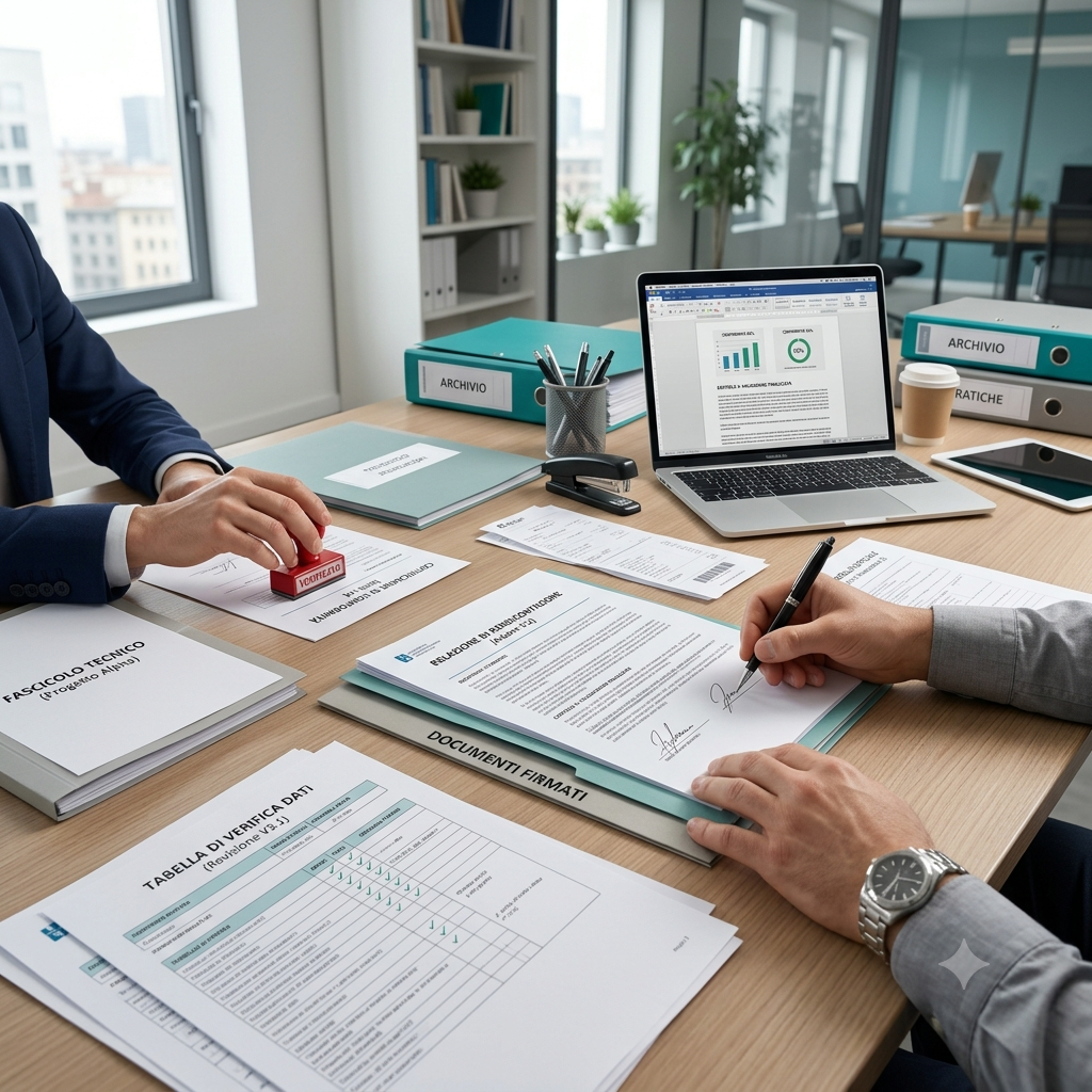 Ufficio con due persone che firmando documenti e usando un computer portatile, con archivi e documenti sul tavolo.