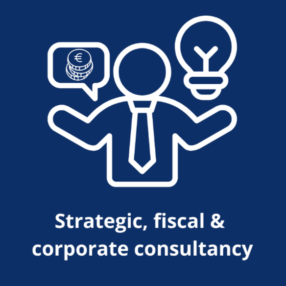 Icona di una persona con una luce accesa sopra e una bolla con il simbolo dell'euro, accompagnata dal testo 'Strategic, fiscal & corporate consultancy'.