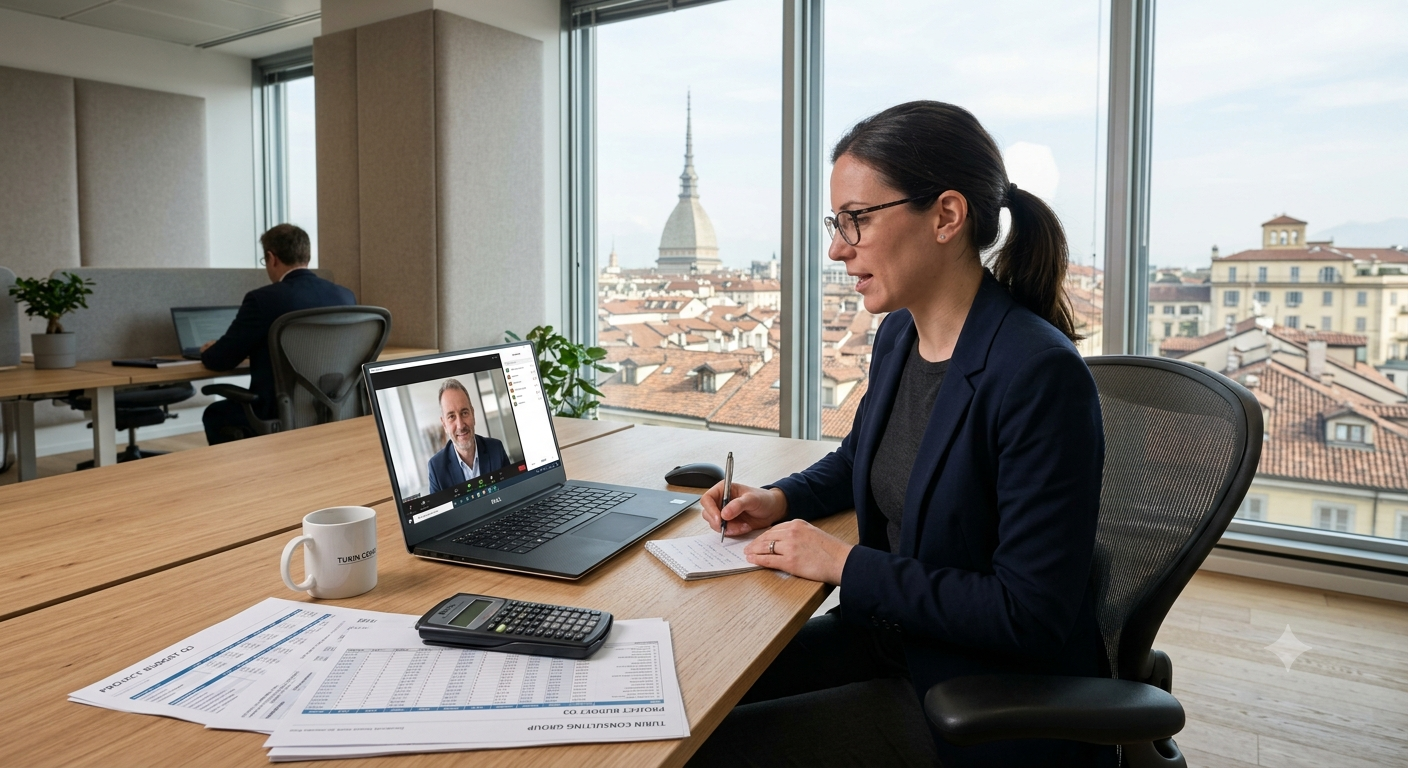 Donna in ufficio che partecipa a una videoconferenza, con documenti, tazza, calcolatrice e portatile su un tavolo, vista sui tetti di Torino con la Mole Antonelliana sullo sfondo.