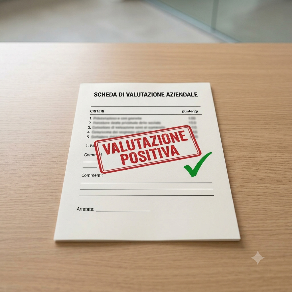 Modulo di valutazione aziendale con un timbro rosso e una spunta verde, scritto 'Valutazione Positiva'.