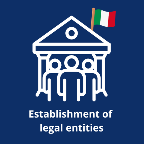 Icona che rappresenta la creazione di entità legali, con una tessera e bandiera italiana.