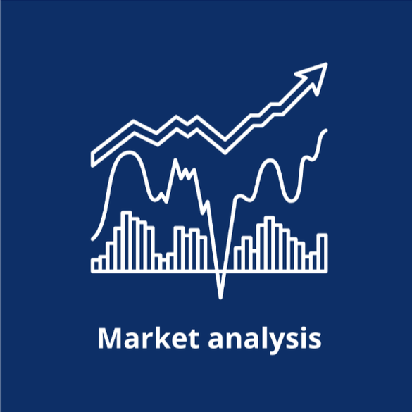Grafico di analisi di mercato con linee e barre, sfondo blu, testo "Market analysis"