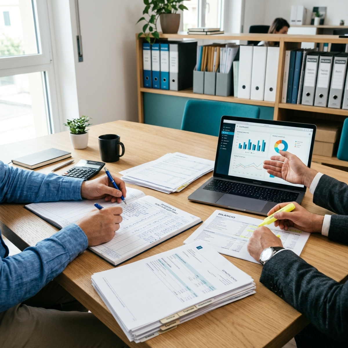 Due persone lavorano a una scrivania con documenti, computer e una tazza in un ufficio moderno.