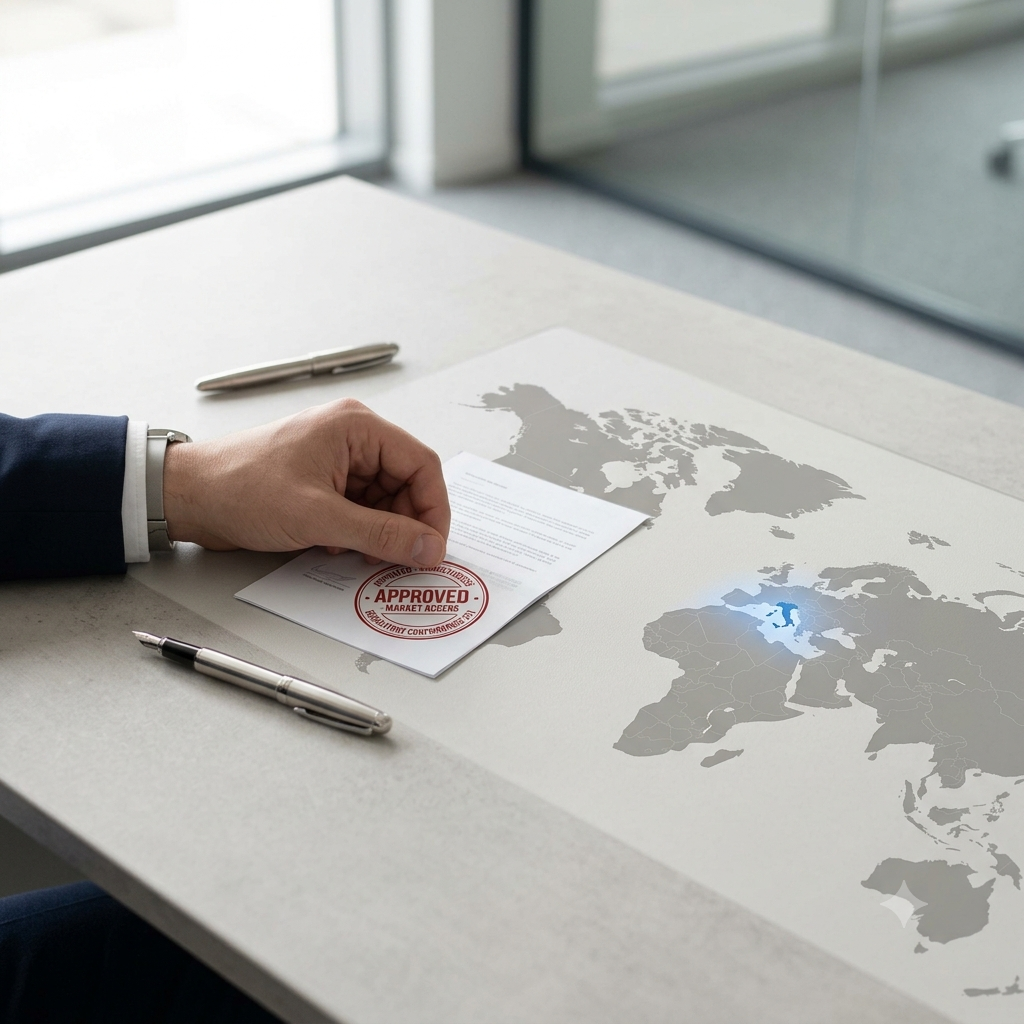 Una mano tiene un biglietto con un timbro 'Approved' sopra una mappa del mondo su un tavolo. Sul tavolo ci sono anche due penne e un'altra mappa del mondo in bianco e nero.