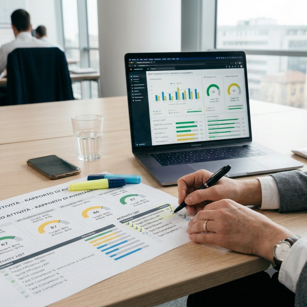 Persona che lavora a un desk con un laptop, riferimenti a grafici e rapporti di attività in ufficio, con altri colleghi sullo sfondo.