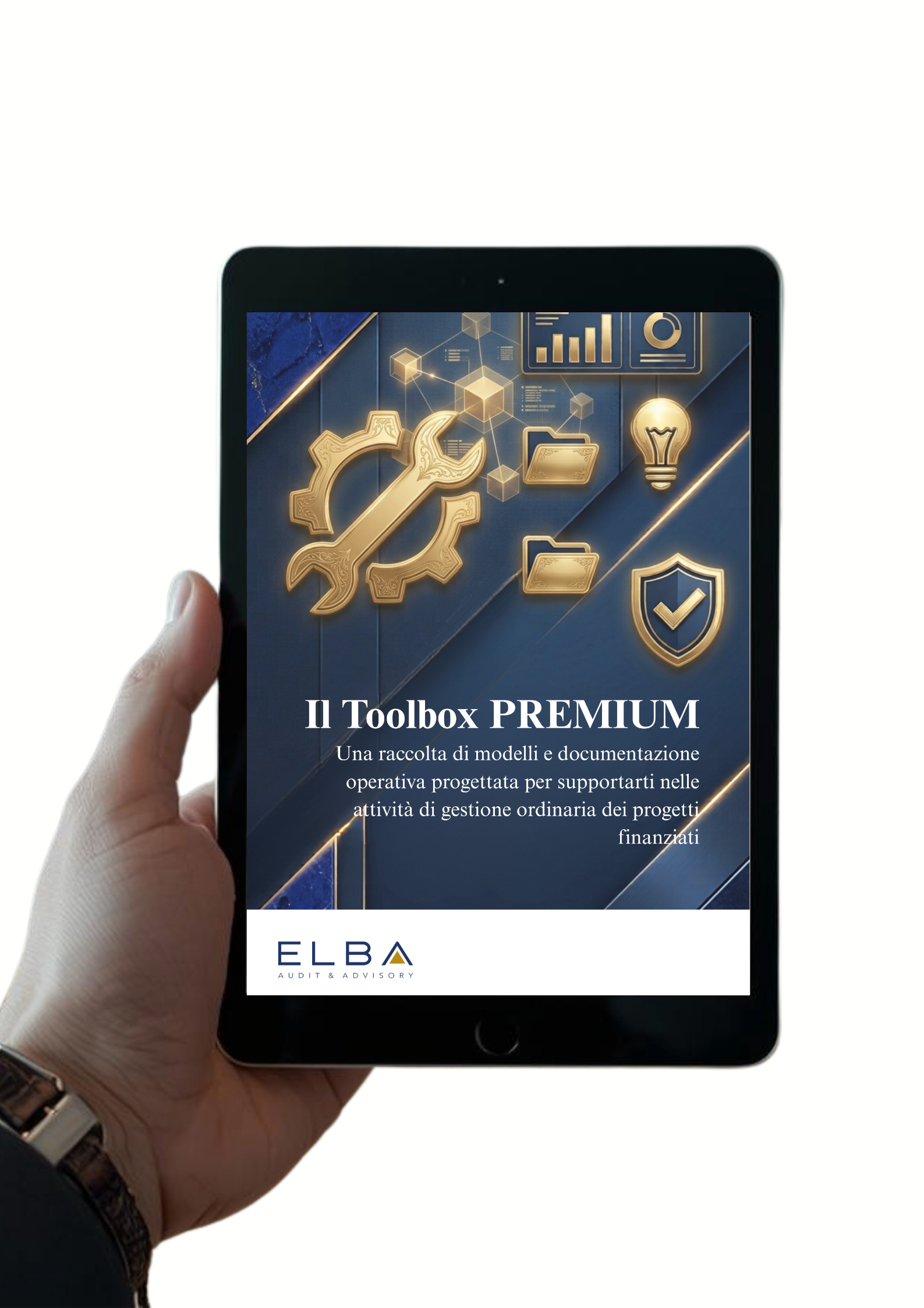 Schermata di un tablet con il logo ELBA Audit & Advisory e testo in italiano riguardante una raccolta di modelli e documentazione operativa per attività di gestione ordinaria di progetti finanziati.