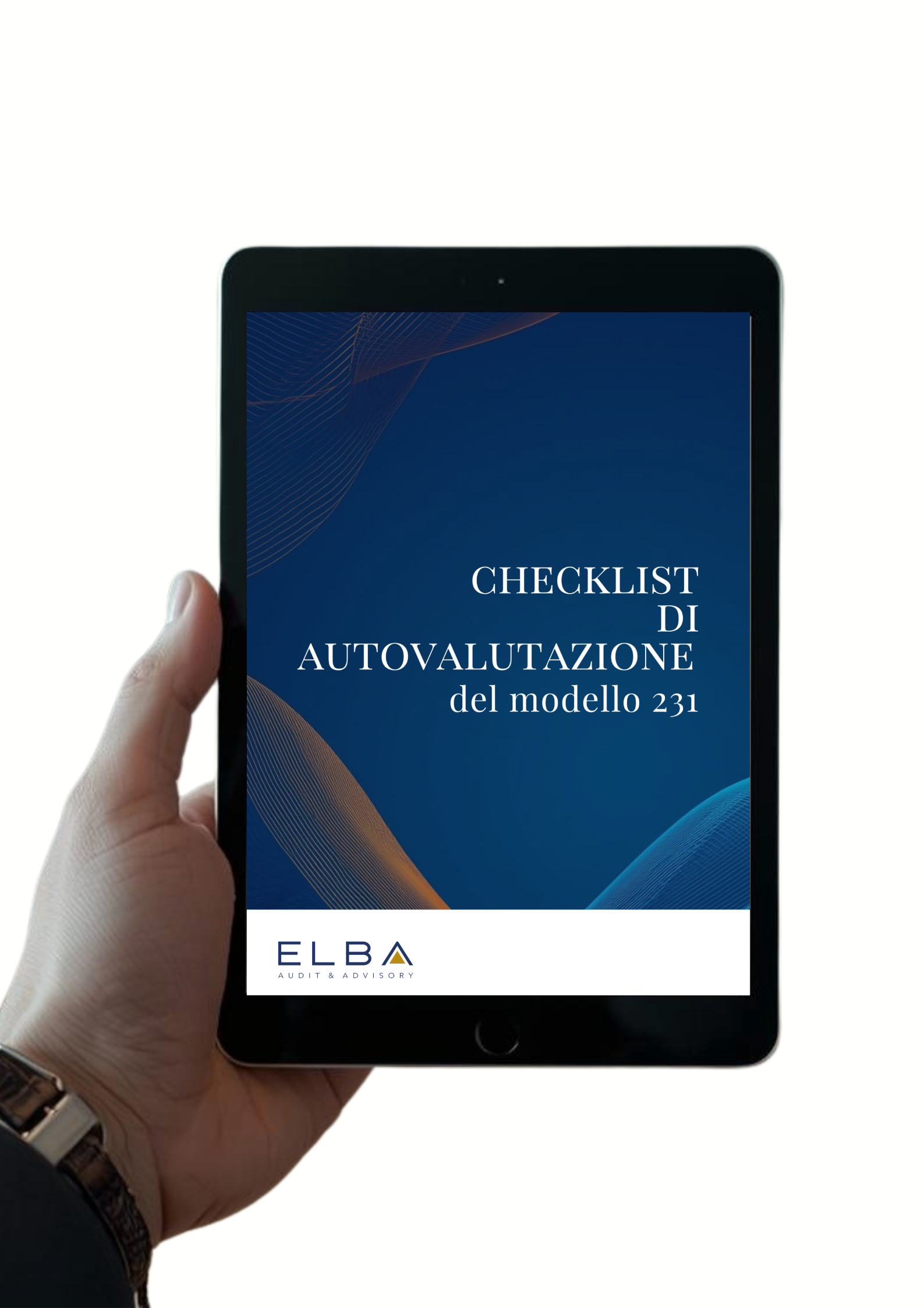 Una mano tiene un tablet che mostra un manuale intitolato 'Checklist di Autovalutazione del modello 231'.