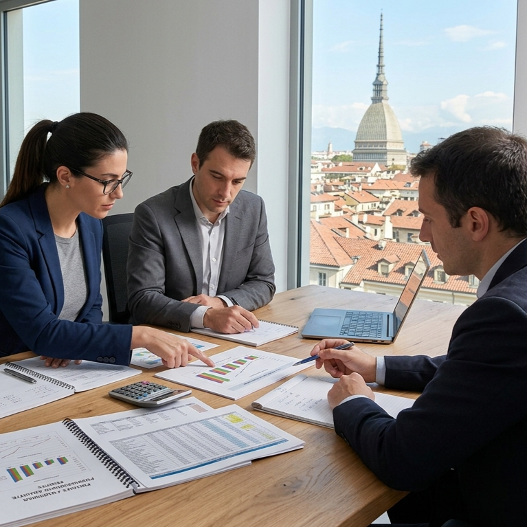Tre persone in un incontro di lavoro in un'ufficio con vista sulla città e sulla torre Mole Antonelliana