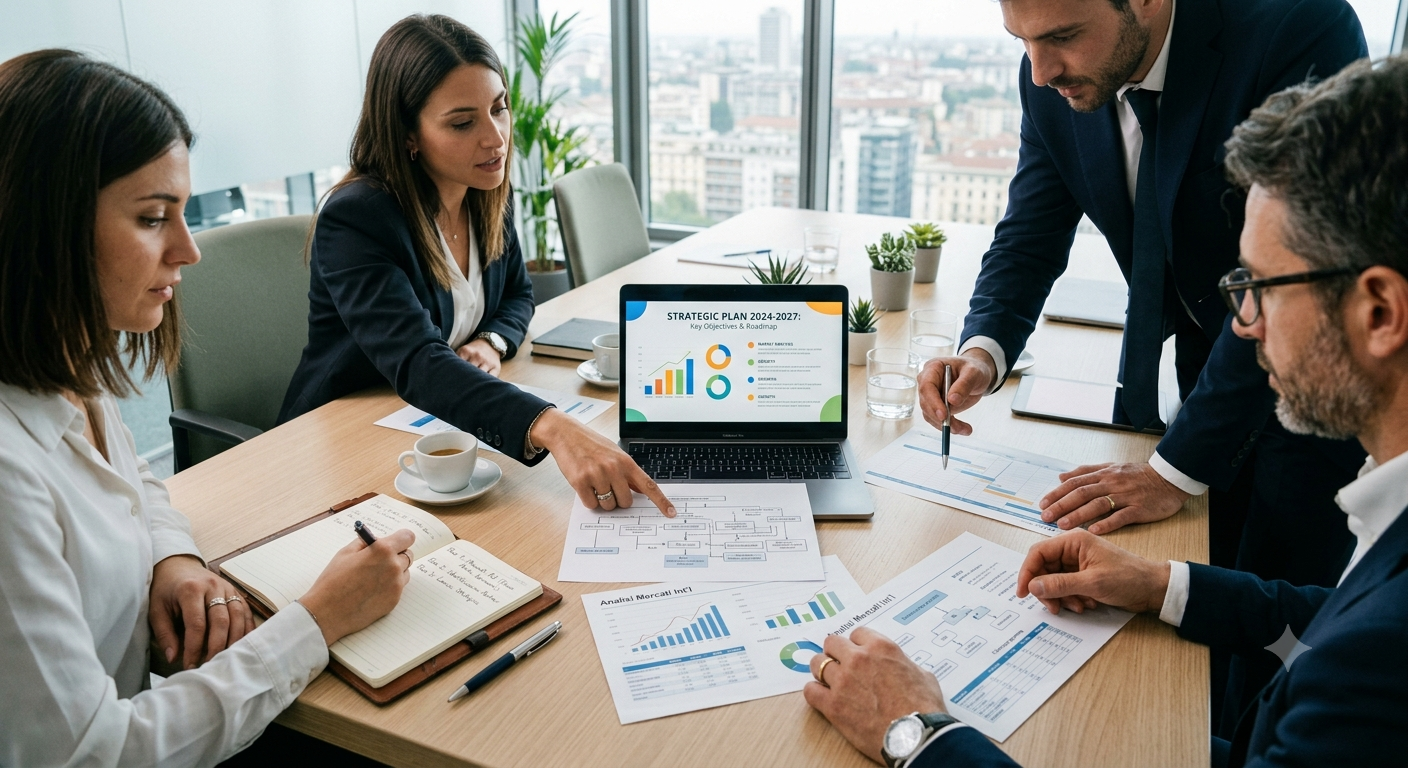 Ufficio con cinque persone intorno a un tavolo che discute, con documenti e un laptop che mostra un piano strategico