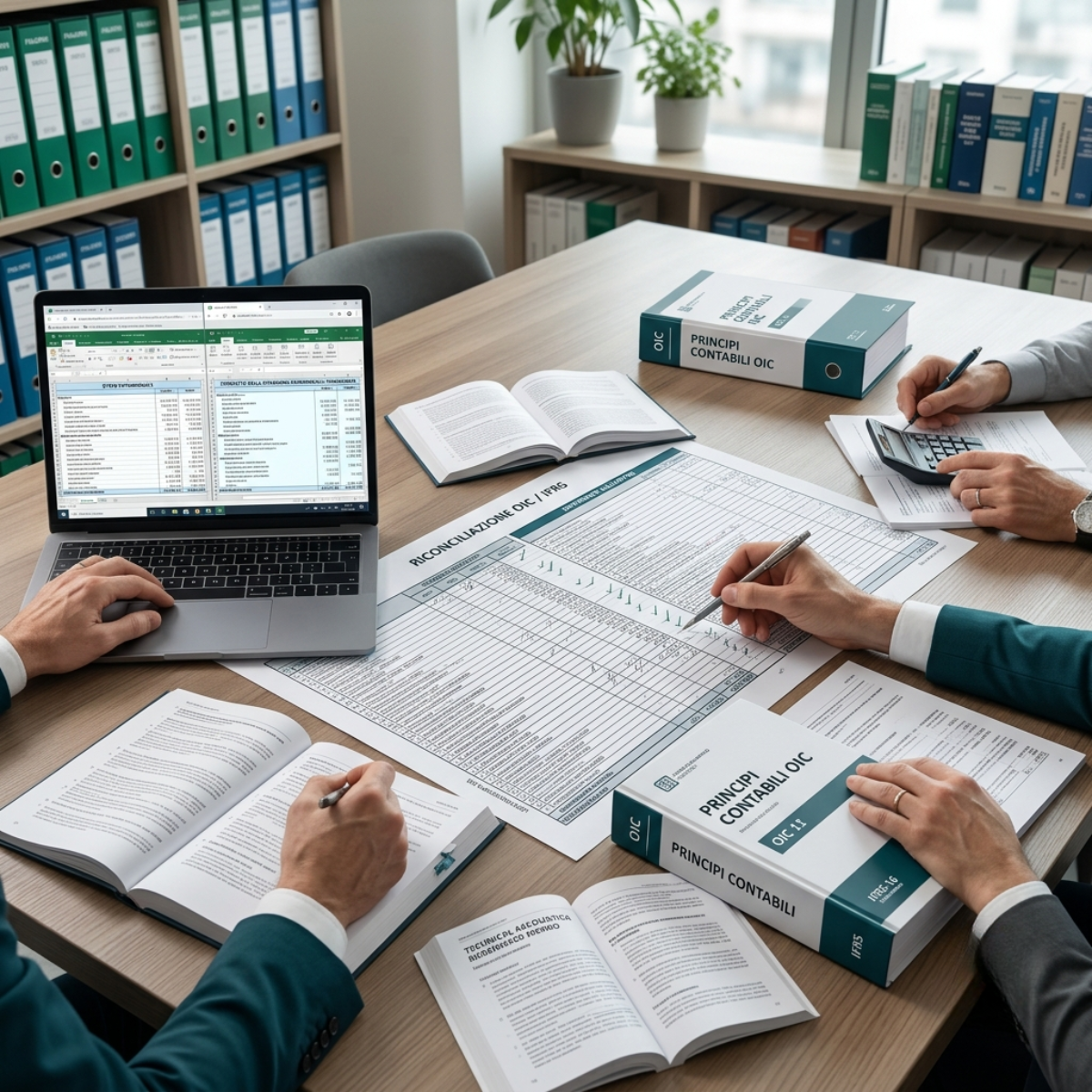 Immagine di un tavolo da riunione con persone che lavorano su documenti contabili, con libri di testo e un laptop aperto che mostra fogli di calcolo, in un ufficio ben illuminato.
