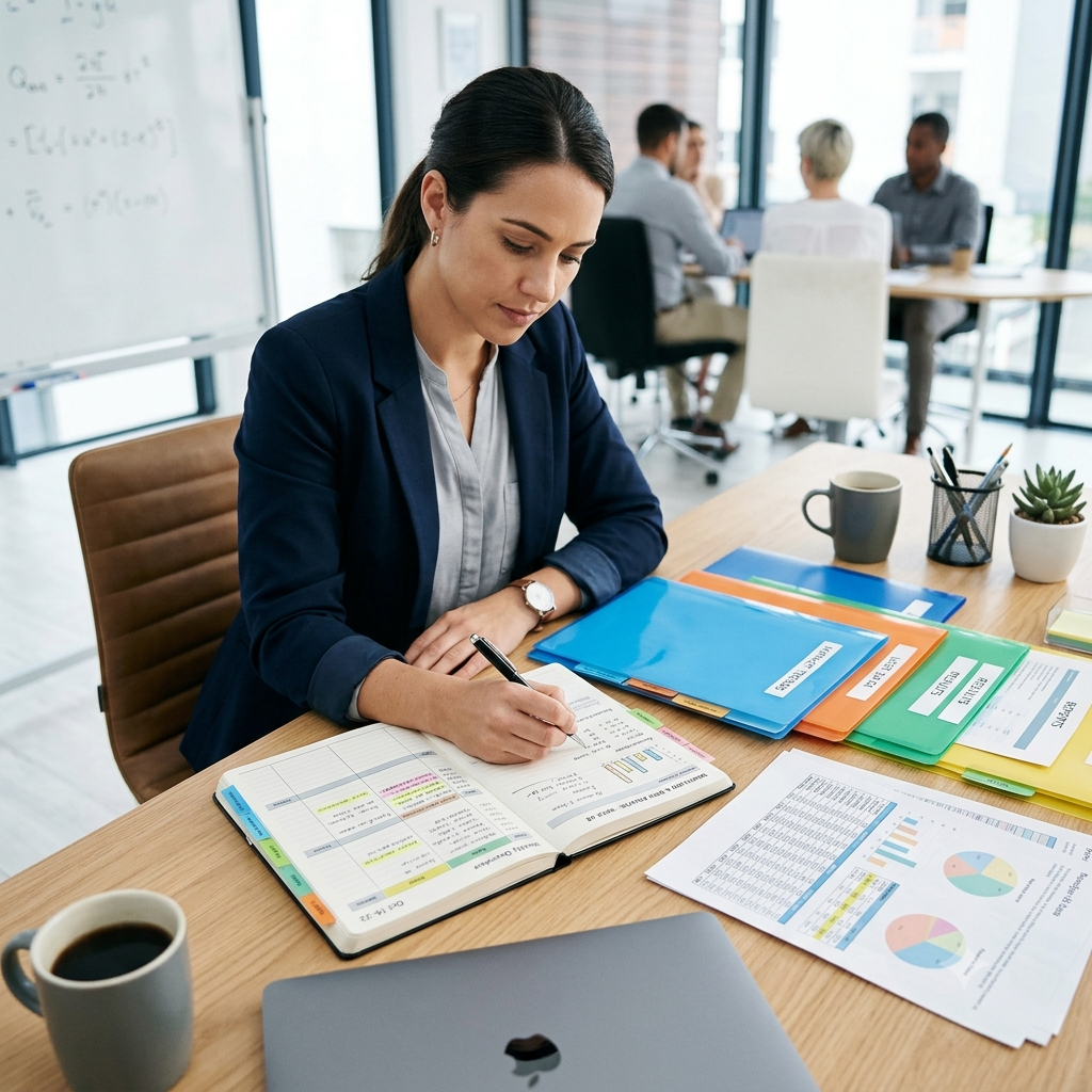 Una donna in vestito formale scrive in un planner aperto su una scrivania con documenti colorati, tazze di caffè, una pianta succulenta e una penna, in un ufficio moderno con grandi finestra.