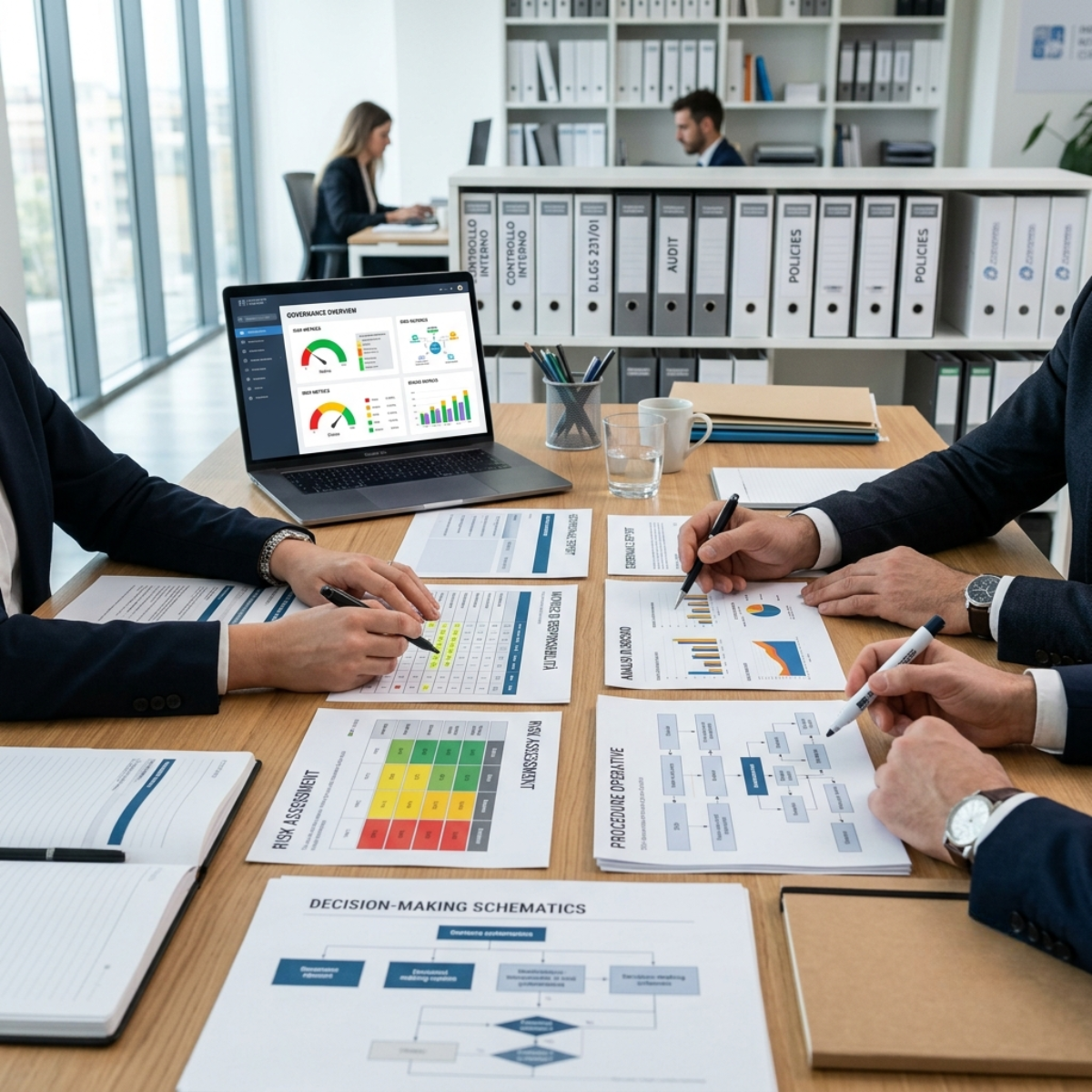 Riunione di lavoro con tre persone in abiti formali che analizzano grafici e documenti su un tavolo, con un laptop aperto e scaffali di cartelle in background.