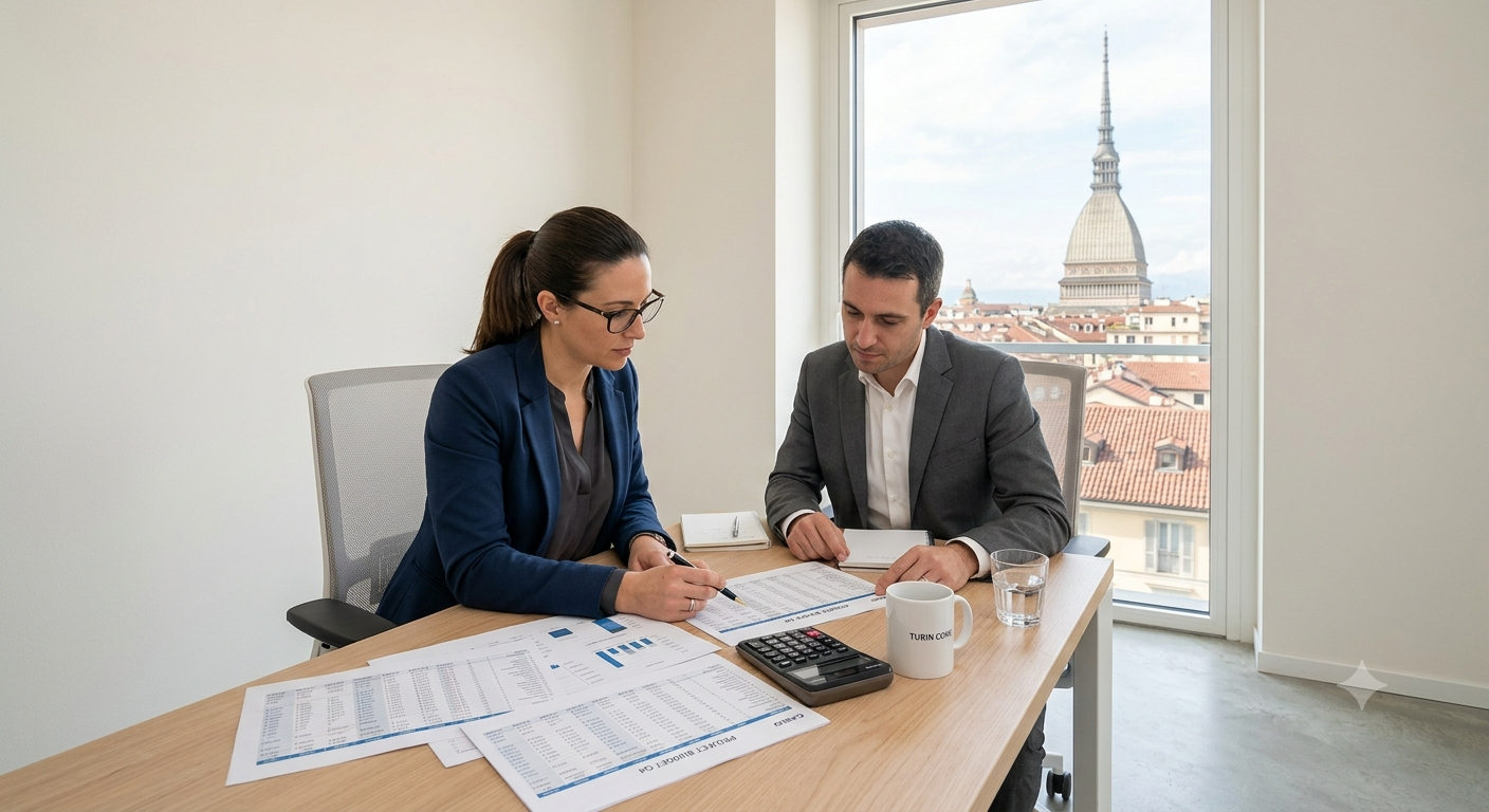 Due persone, un uomo e una donna, siedono a un tavolo in ufficio, analizzando documenti finanziari.