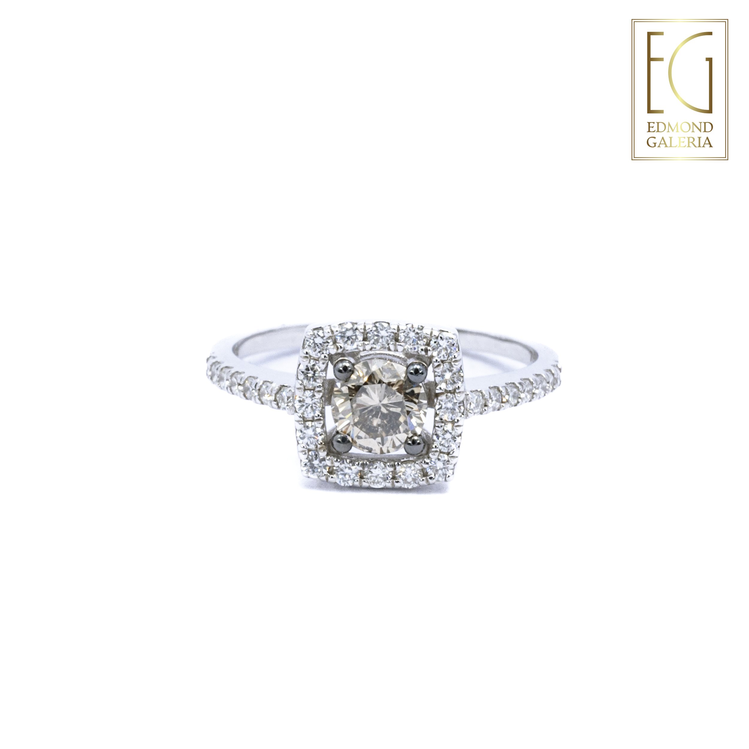 Inel din aur alb, decorat central cu diamant fancy brown anturat de diamante briliante