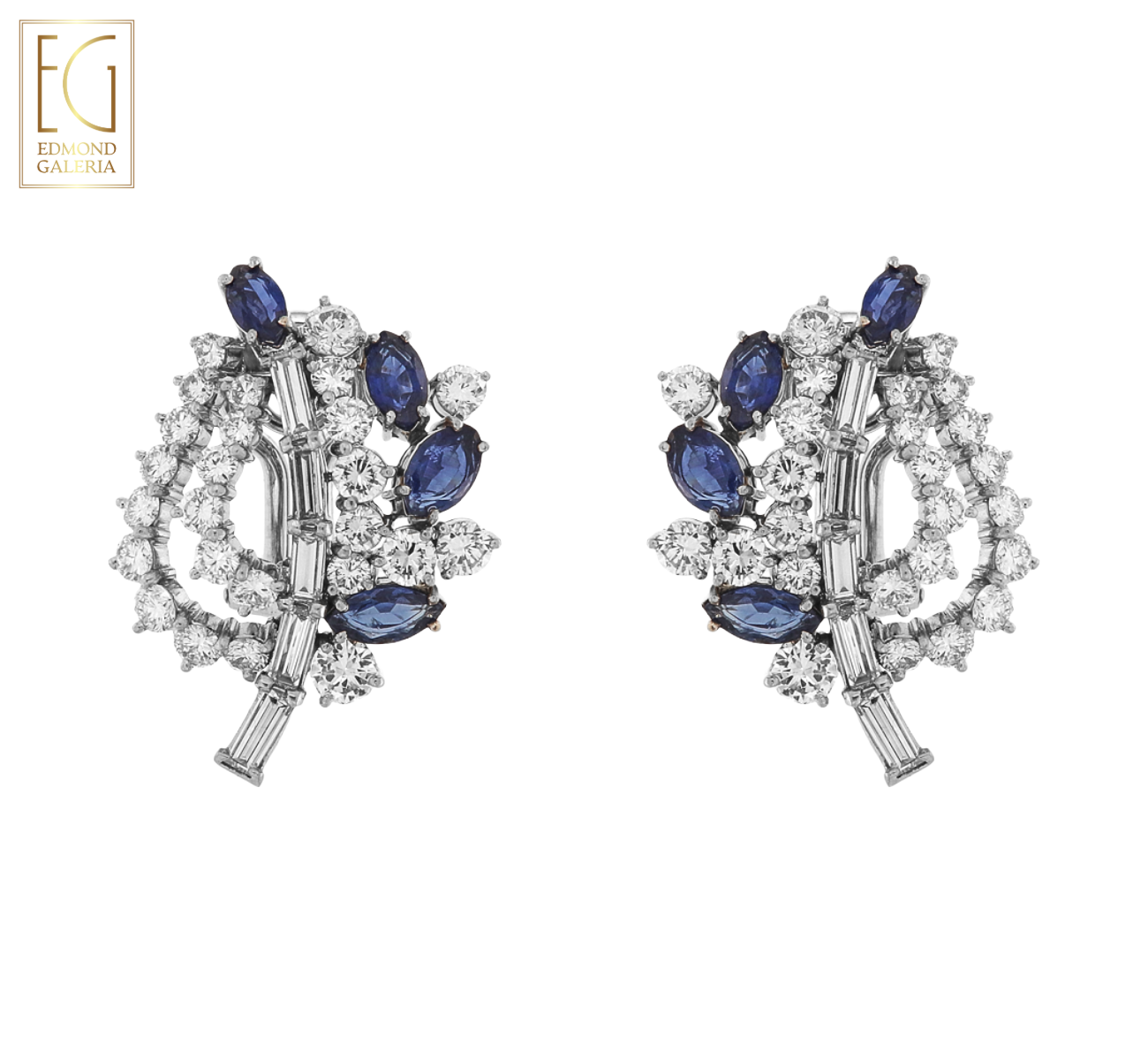 Pereche de cercei din platină și aur, în formă de funză stilizată, decorată cu safire și diamante