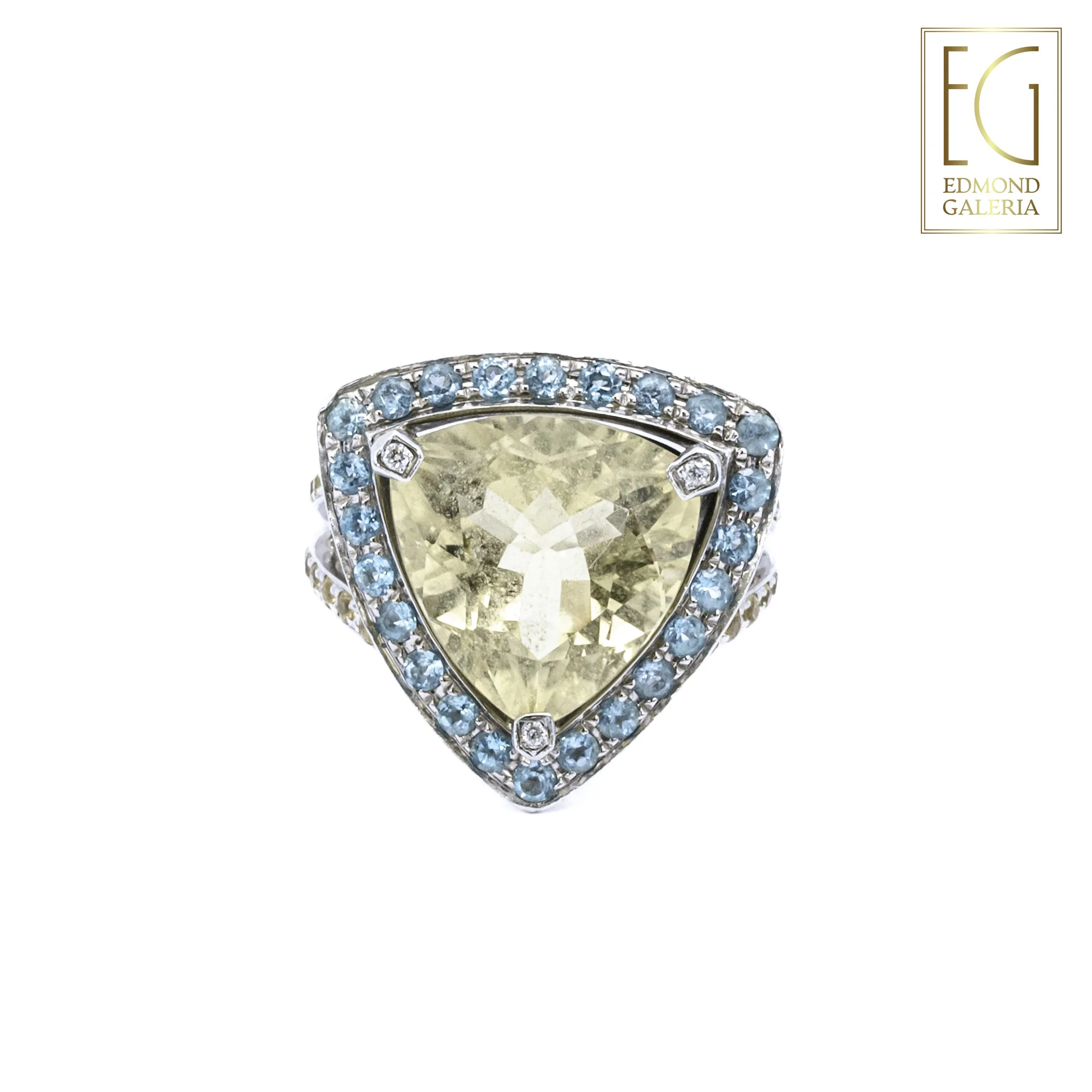 Inel Mauboussin din aur alb, decorat cu lemon cuarț, safire, acvamarine și diamante