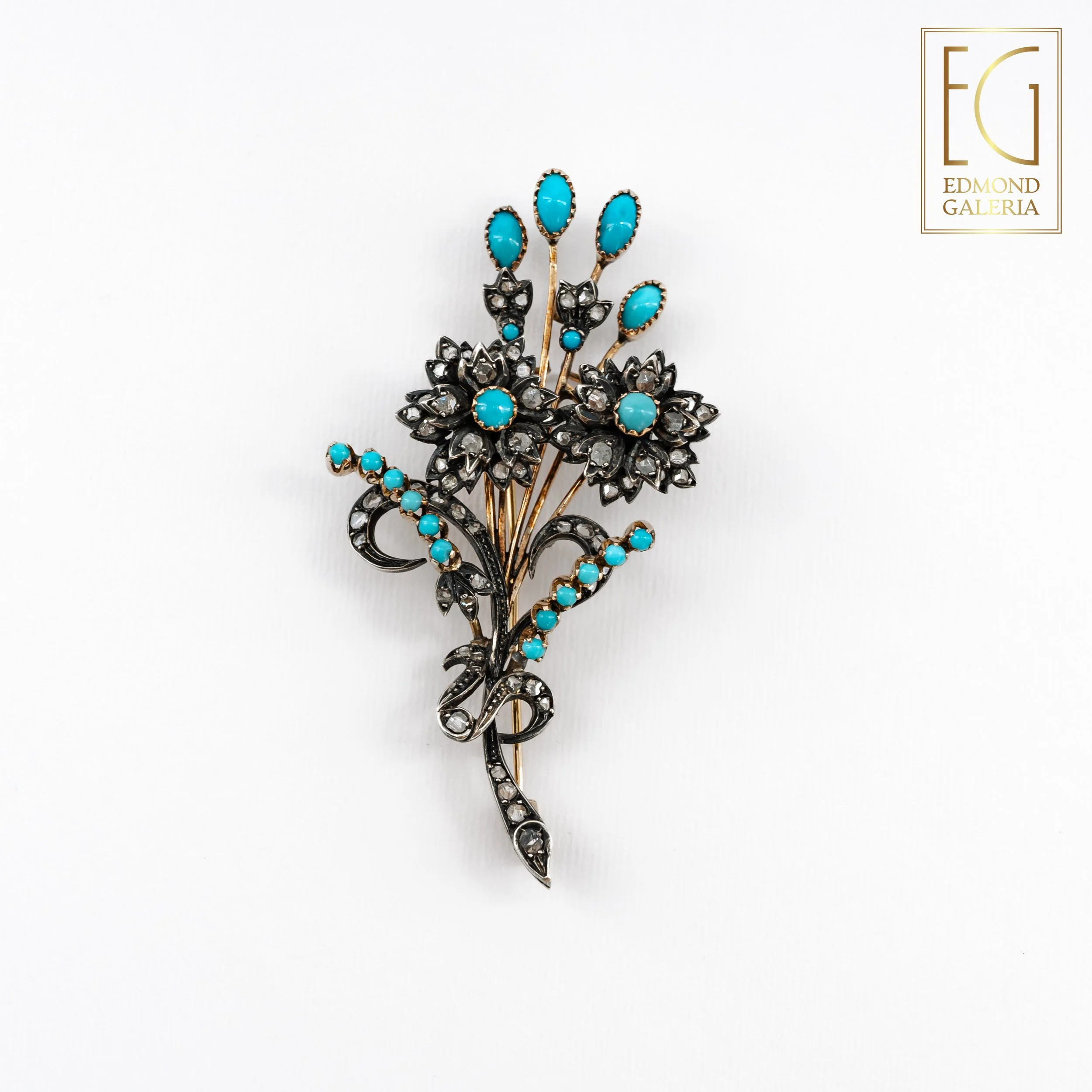Broșă Victoriană din aur și argint, decorată cu turcoaze și diamante, cca. 1880-1900