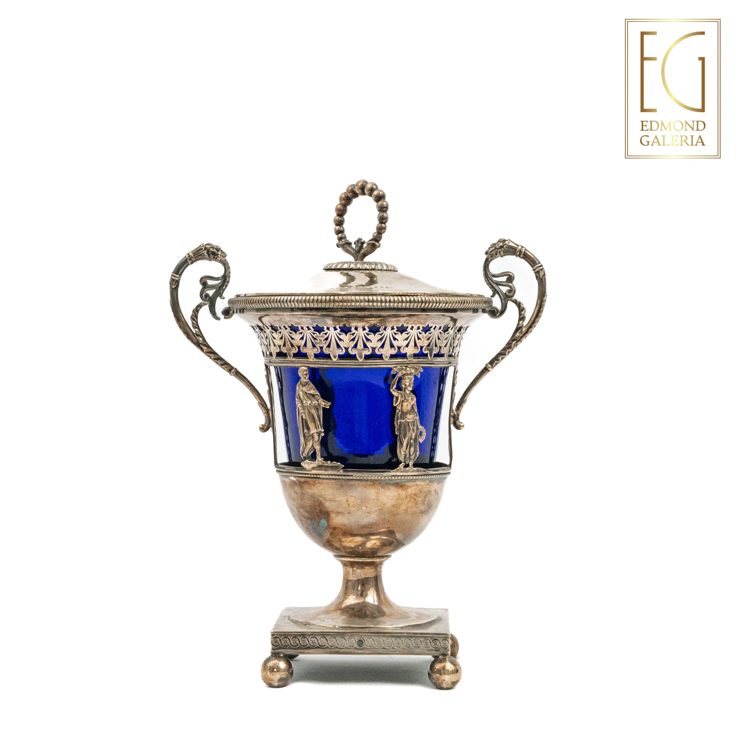Bombonieră Empire din argint, cu capac, cu sticlă cobalt, meșter Gabriel-Jacques-André Bompart, Paris, Franța, cca. 1809-1819