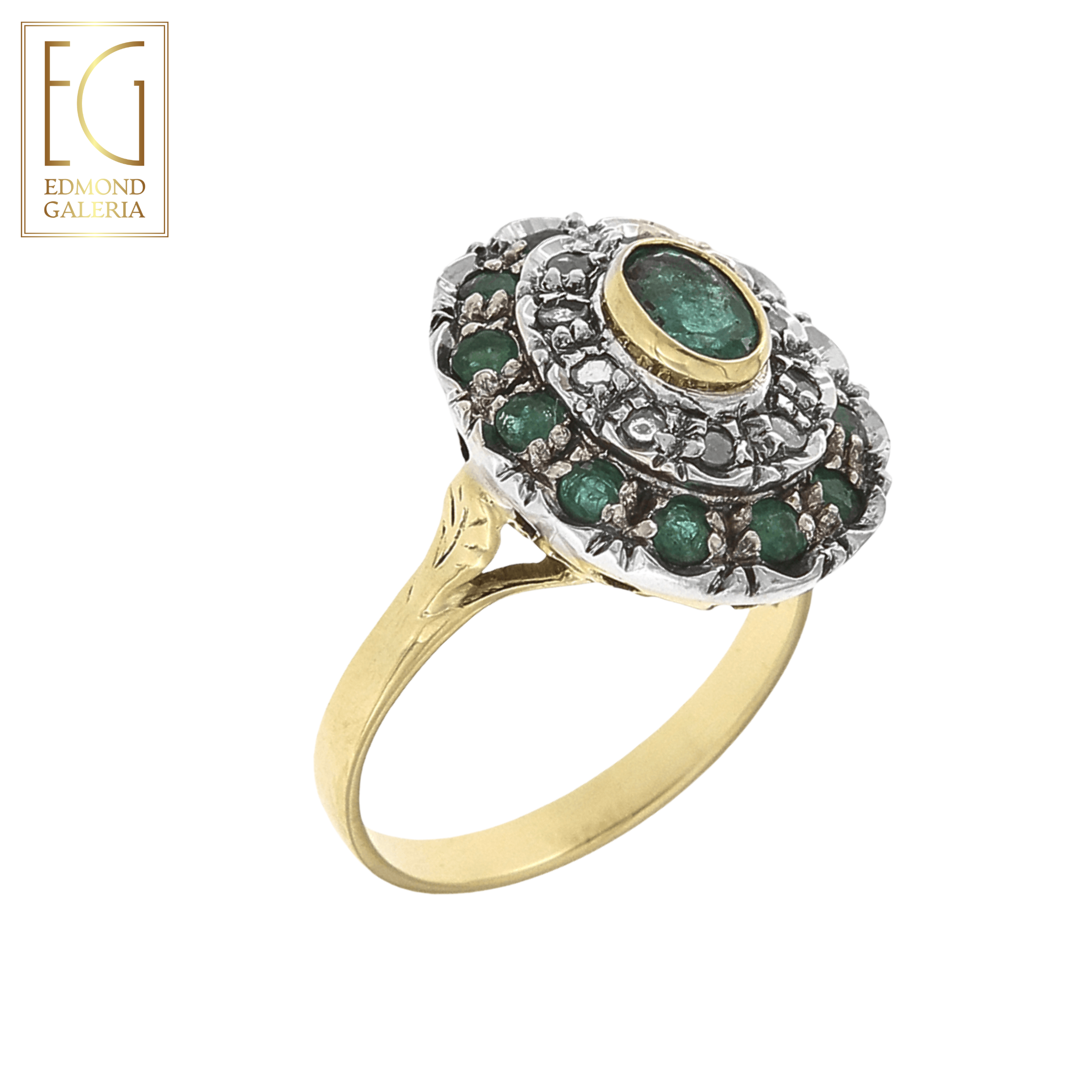 Inel din aur și argint, decorat cu smaralde și diamante, atelier Alessandria, Italia
