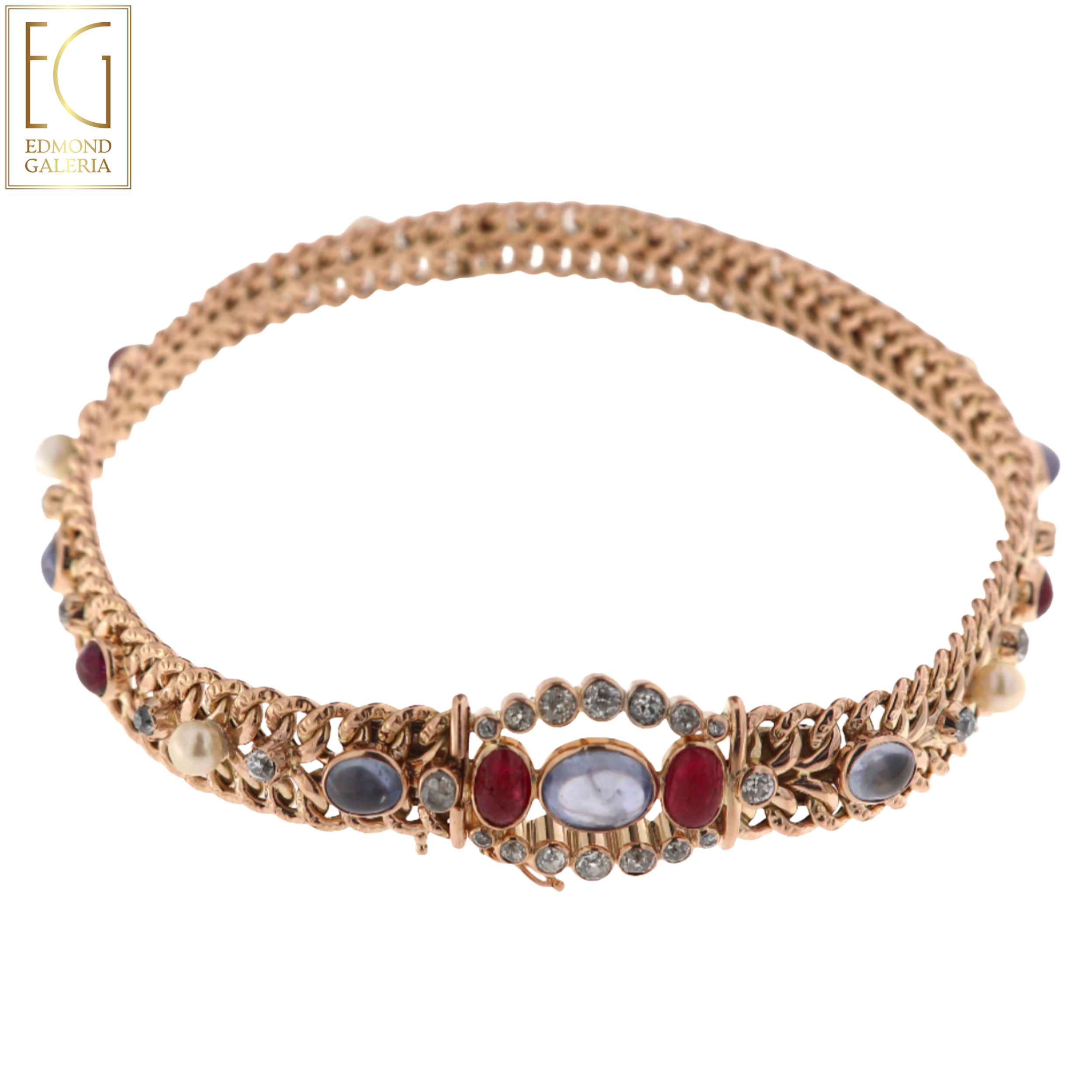 Impresionat colier choker din aur roz, decorat cu safire, rubine, perle și diamante