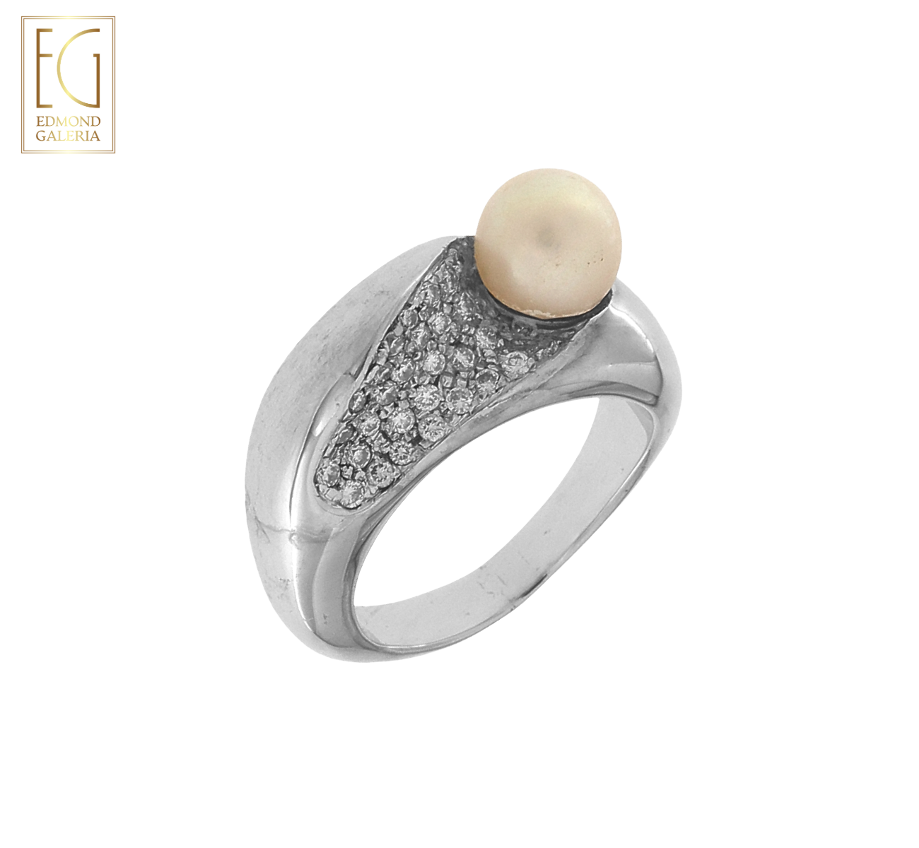 Inel din aur alb, decorat cu perlă Akoya și diamante, atelier Aura, Milano