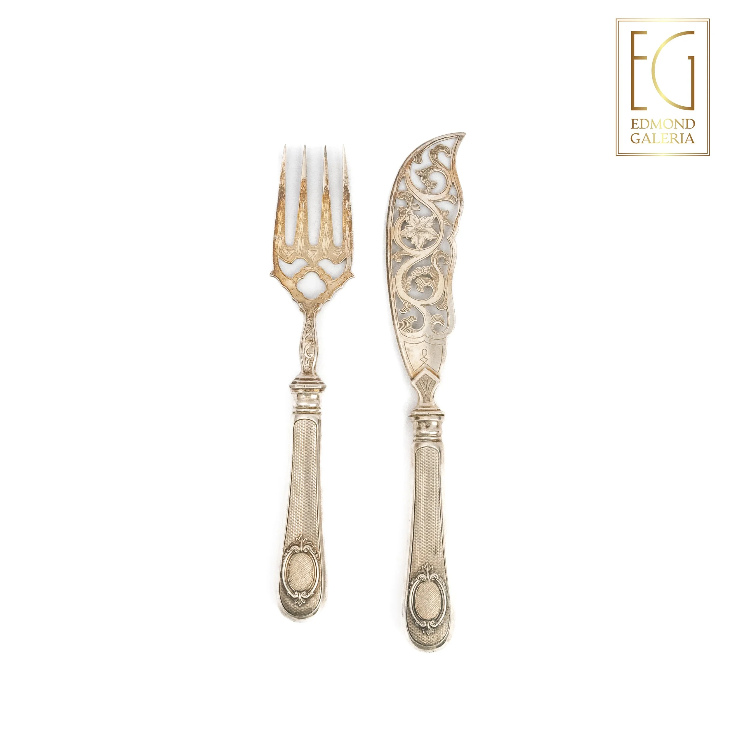 Set de tacâmuri pentru servit peștele, din argint și metal argintat, posibil atelier german, începutul sec. XX
