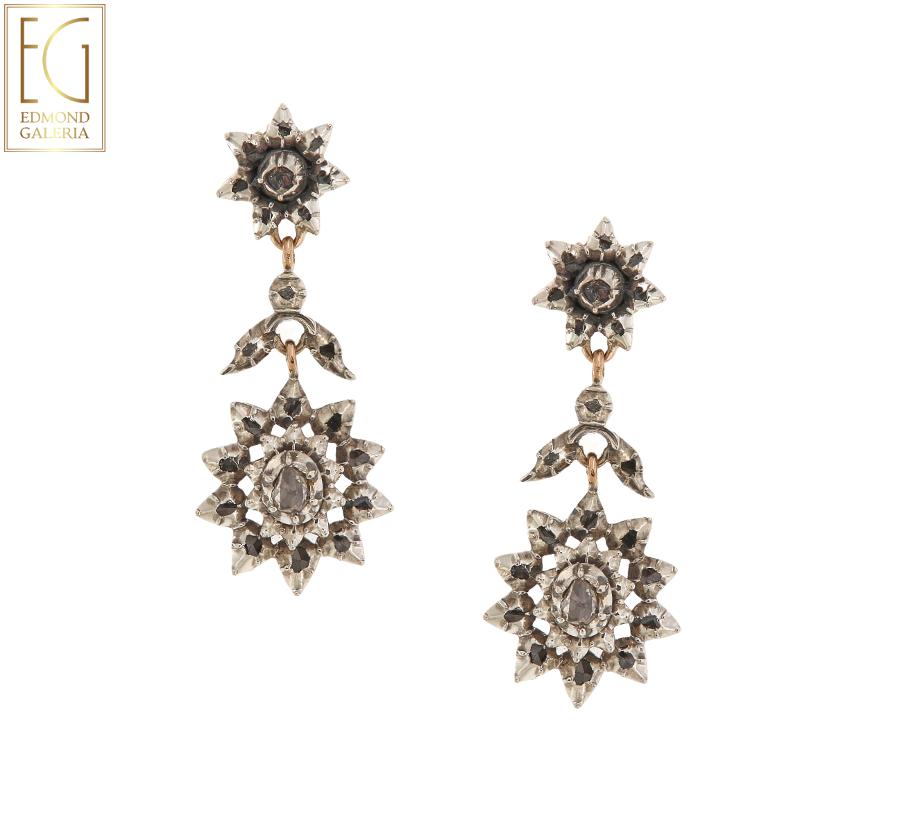 Pereche de cercei din aur și argint, decorată cu diamante, cca. 1860-1880