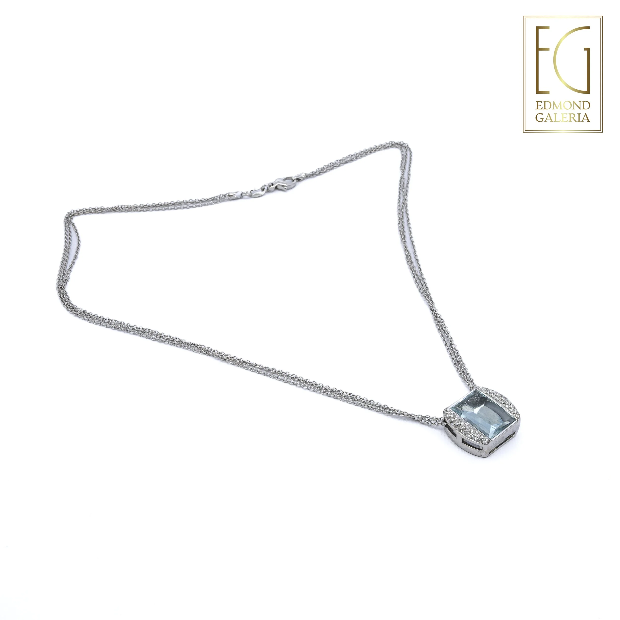 Elegant lanț cu pandantiv din aur alb, decorat cu acvamarin și diamante, atelier Alessandria, Italia