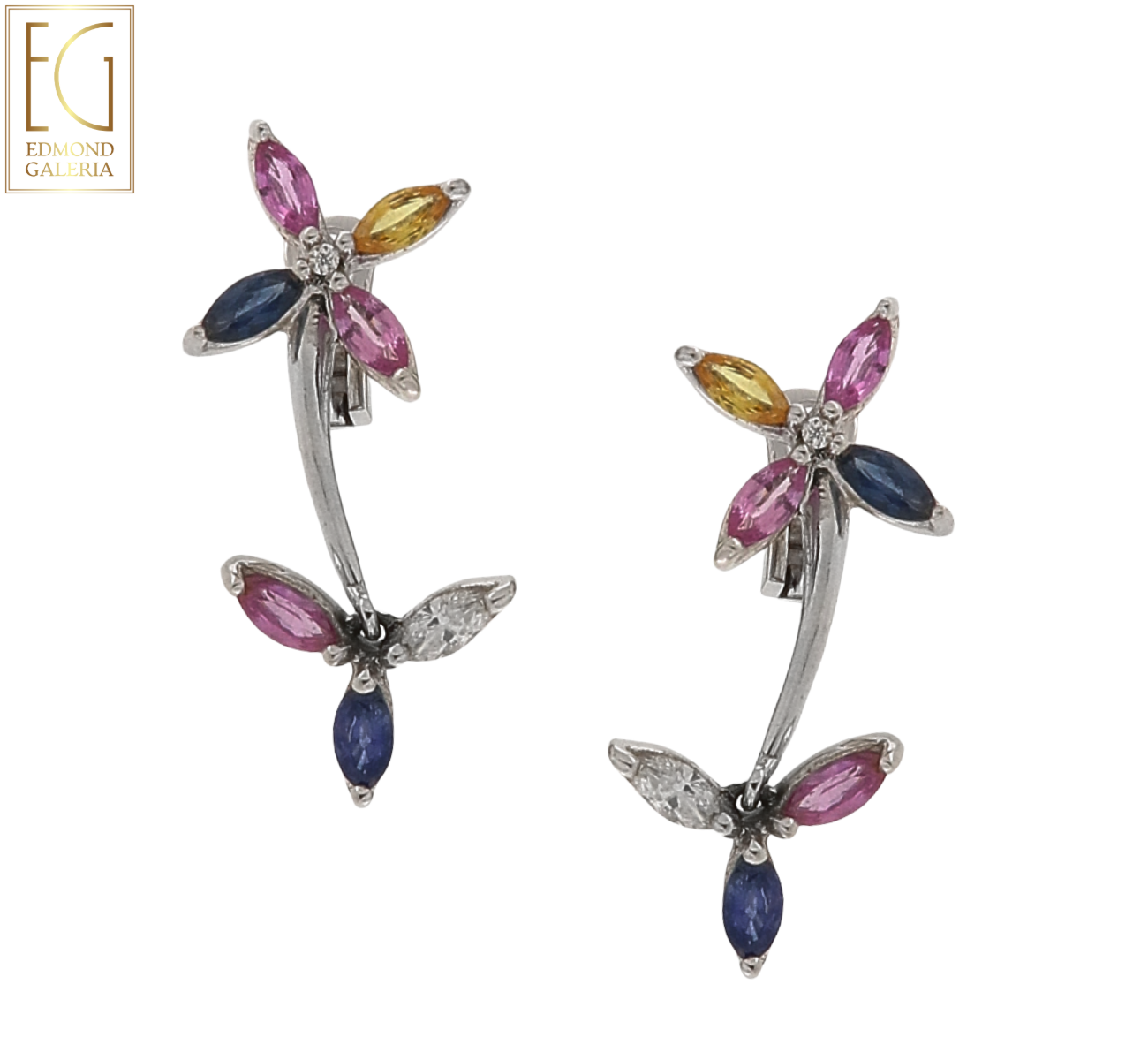 Pereche de cercei din aur alb, în formă de floare, decorată cu safire multicolore și diamante