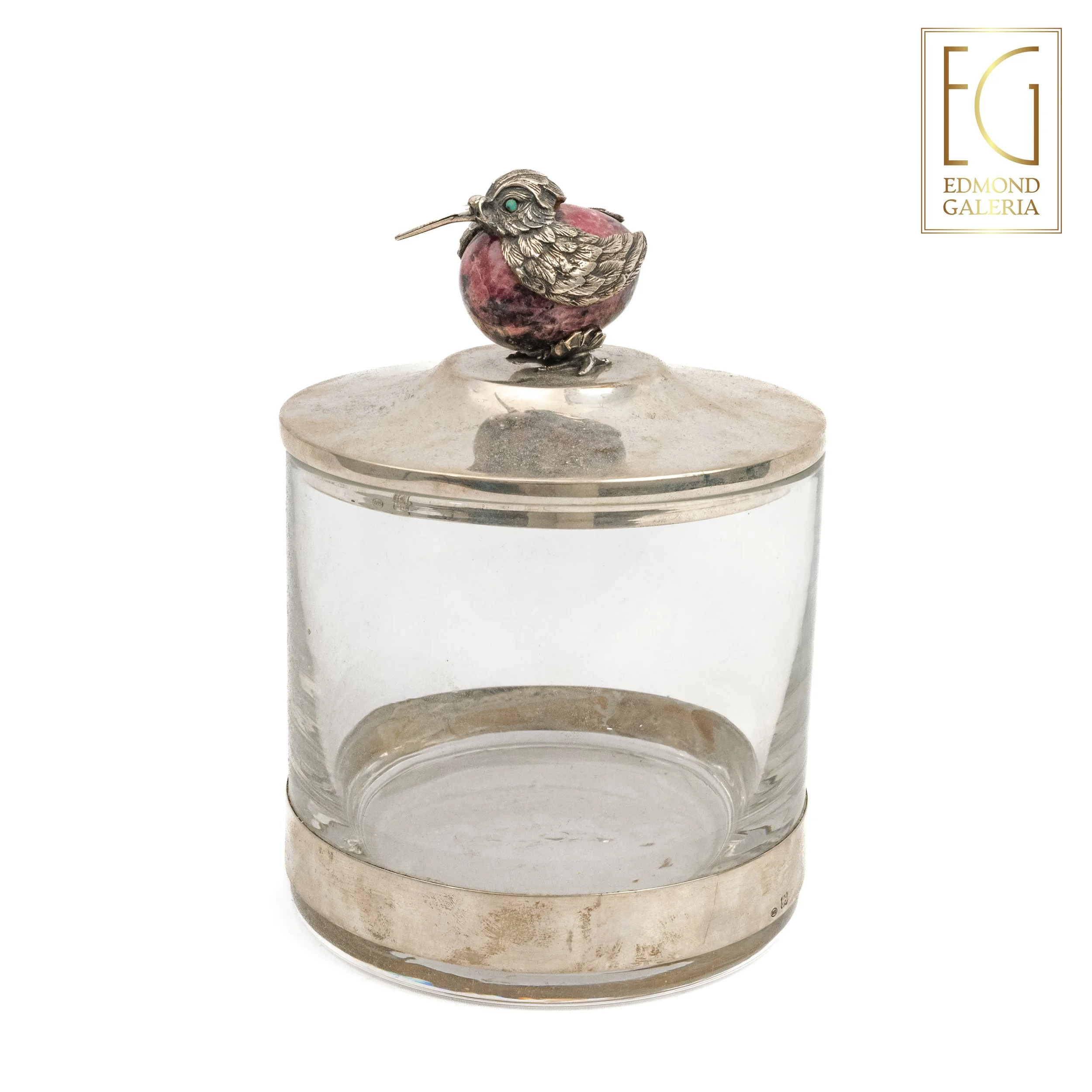 Bombonieră din sticlă și argint, cu capac surmontat de o pasare colibri, atelier Dabbene Argenteria, Milano, Italia, sfârșitul sec. XX