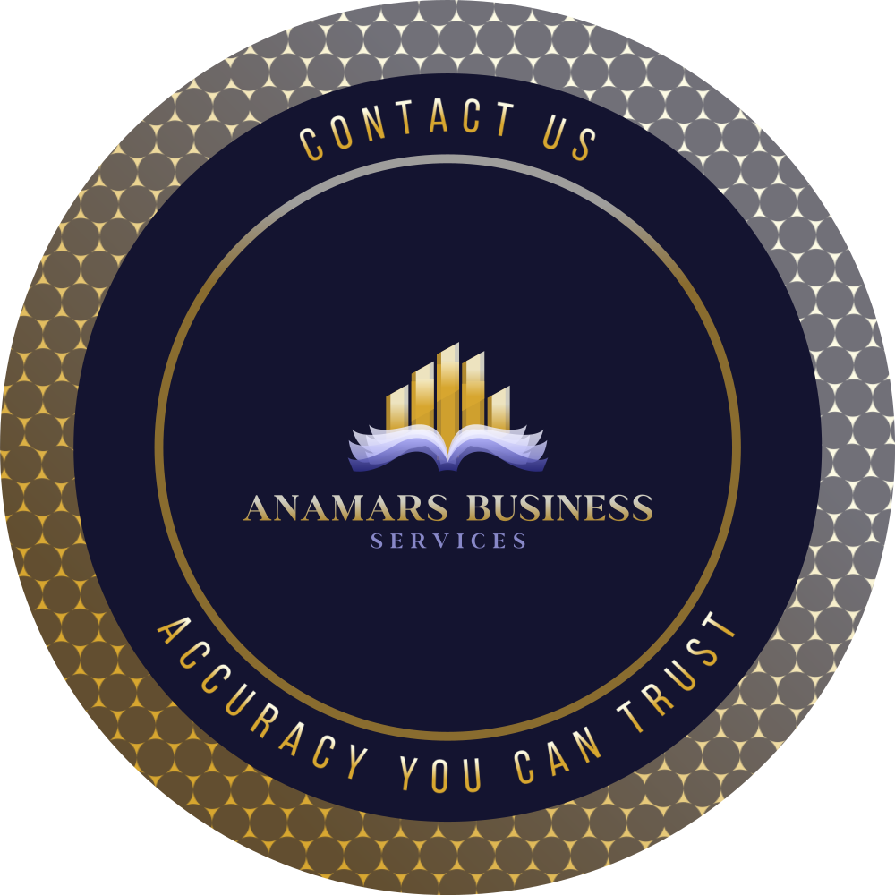 A circular badge with a dark blue background and a gold-patterned border. It features a logo of a stylized open book with five upward bars in gold and white. The text reads: 'Contact Us', 'Anamars Business Services', and 'Accuracy You Can Trust'.