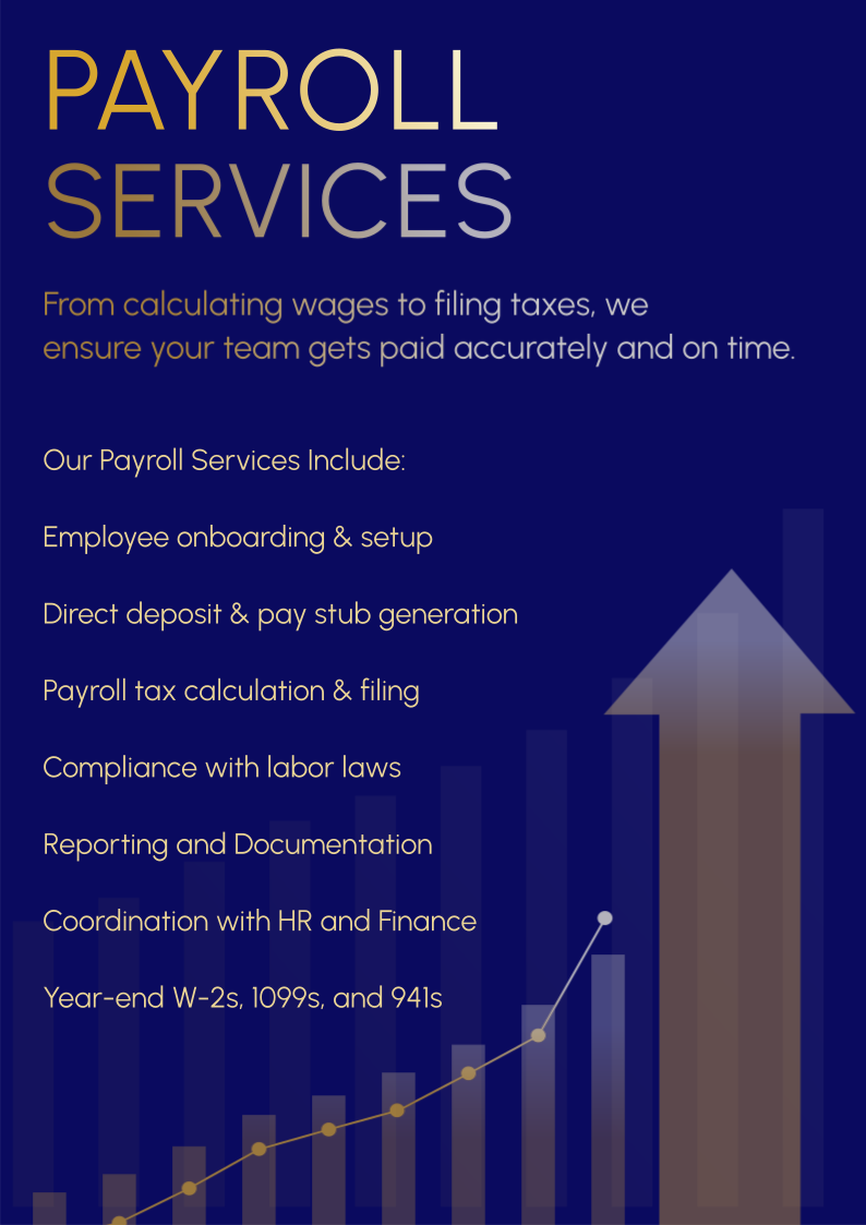 A flyer detailing payroll services, including employee onboarding, direct deposit, payroll tax filing, compliance, reporting, HR coordination, and year-end forms, with a background featuring an upward arrow and bar graph.