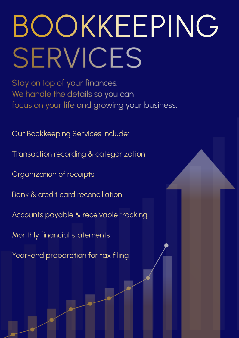 Information poster for bookkeeping services with a dark blue background, large title text, and a rising arrow graphic.