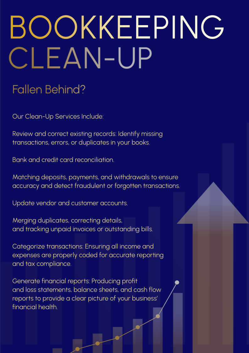 Advertisement for bookkeeping clean-up services with a dark blue background, gold and white text, and a graphic of an upward trending arrow and bar chart.