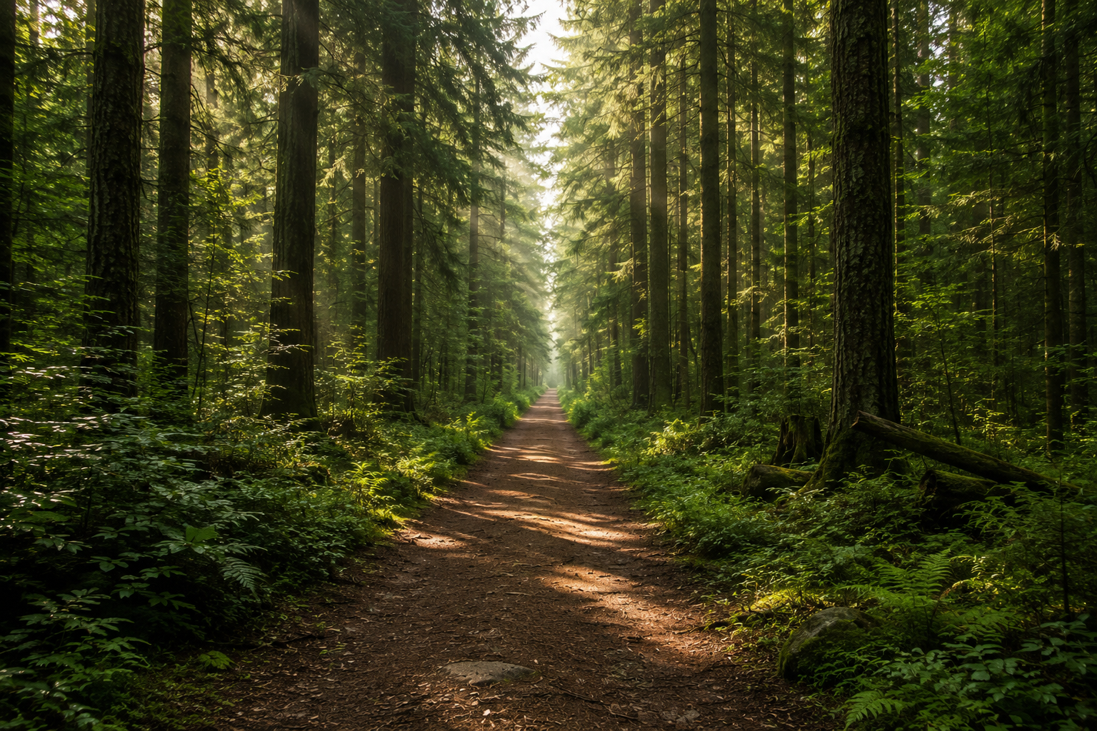 A dirt trail running through a dense green forest with tall trees and sunlight filtering through the leaves.