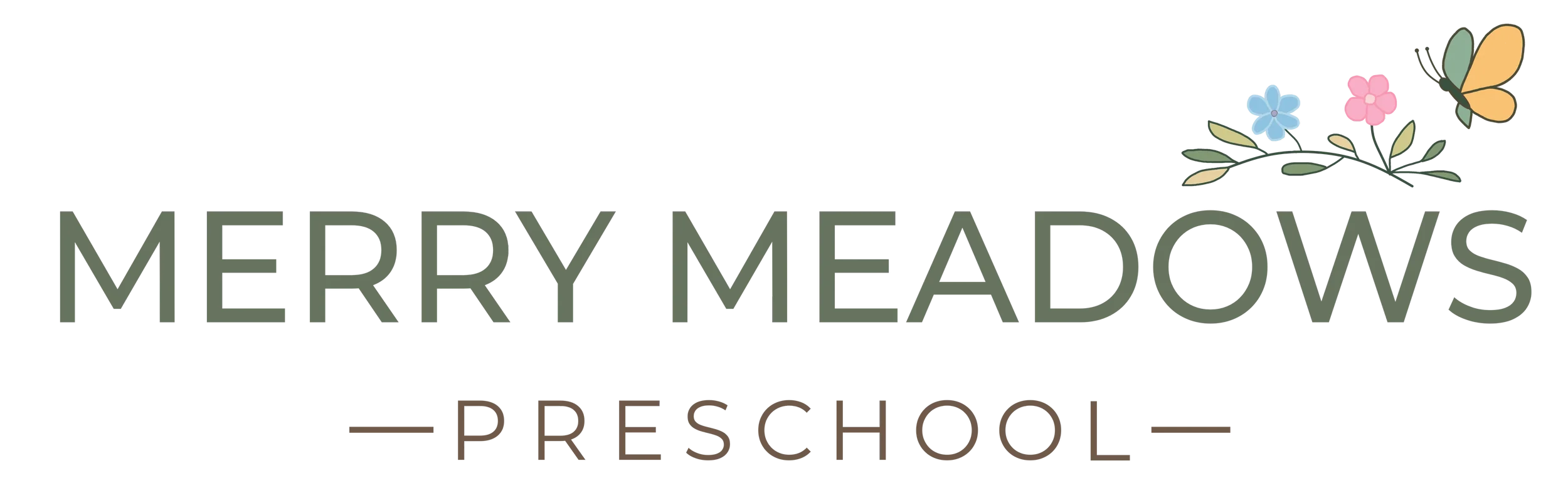 Merry Meadows Preschool logo with a butterfly and flowers.