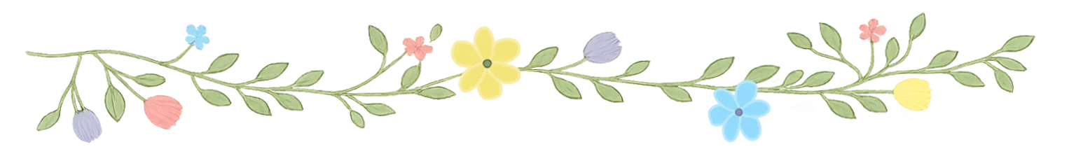 Decorative illustration of a green vine with colorful flowers, including yellow, pink, blue, and purple blossoms.