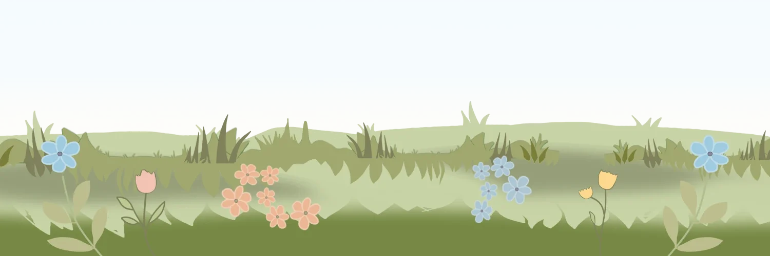 Illustration of a grassy field with pink, blue, and yellow flowers under a blue sky.
