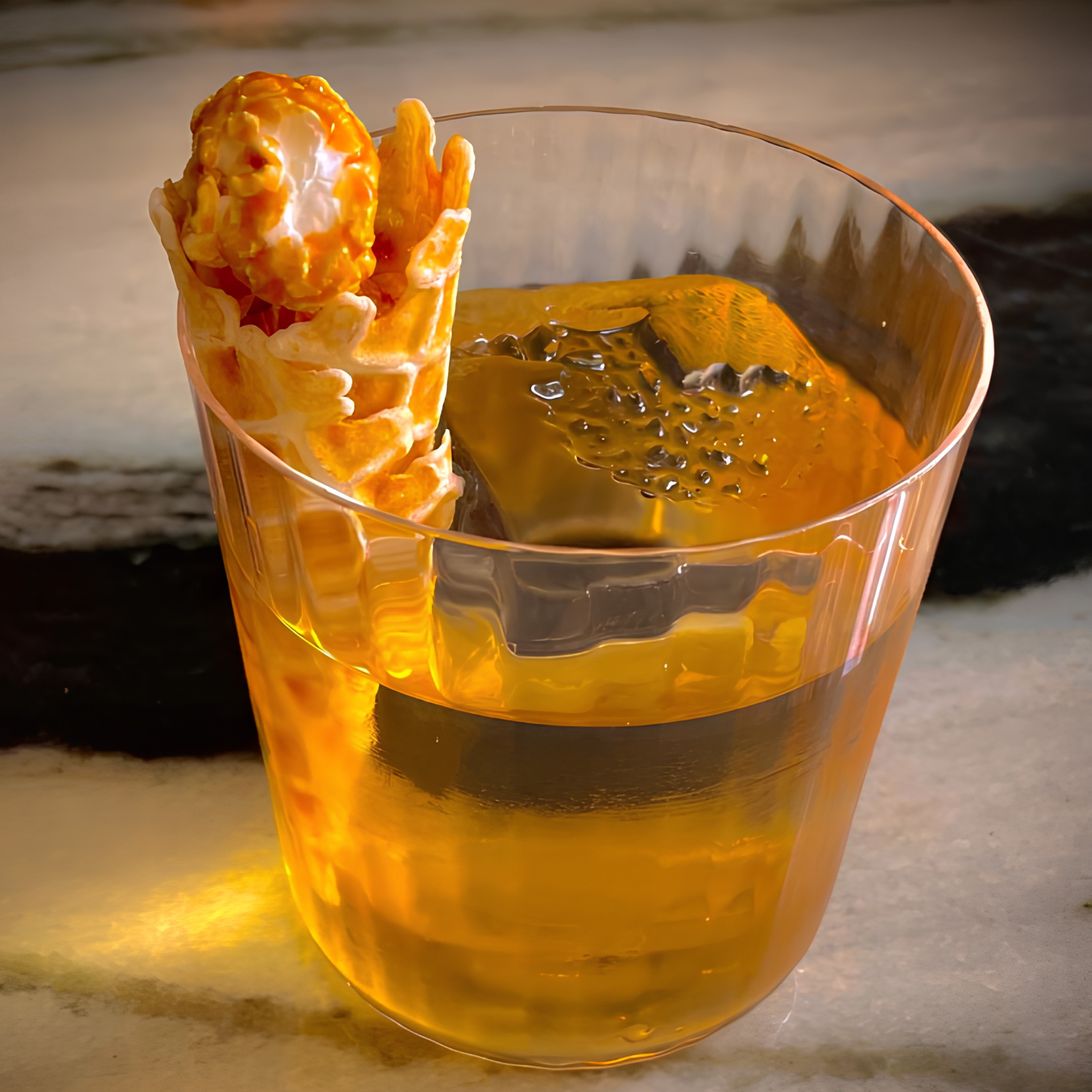 A glass with orange-yellow soap bubbles overflowing onto a surface.