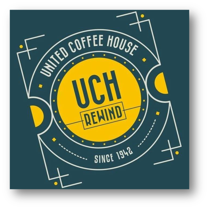 Logo for United Coffee House with the text 'UCH Rewind' and 'Since 1942', featuring geometric designs and a yellow and dark blue color scheme.