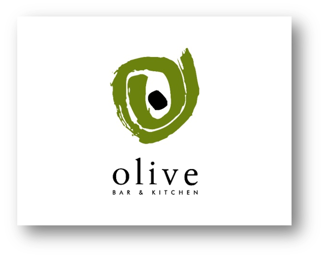 Olive Bar & Kitchen logo with green olive sketch and black text on white background.