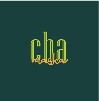 Logo with green text 'cha' and orange cursive 'masca' on a dark teal background.