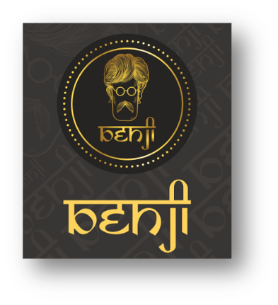 Logo featuring a stylized drawing of a man with glasses and a beard, with decorated hair, set within a dotted circle. Below is the word "benji" in lowercase, bold, yellow text, on a dark background.