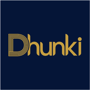 Logo of Dhunki with gold text on a dark blue background.