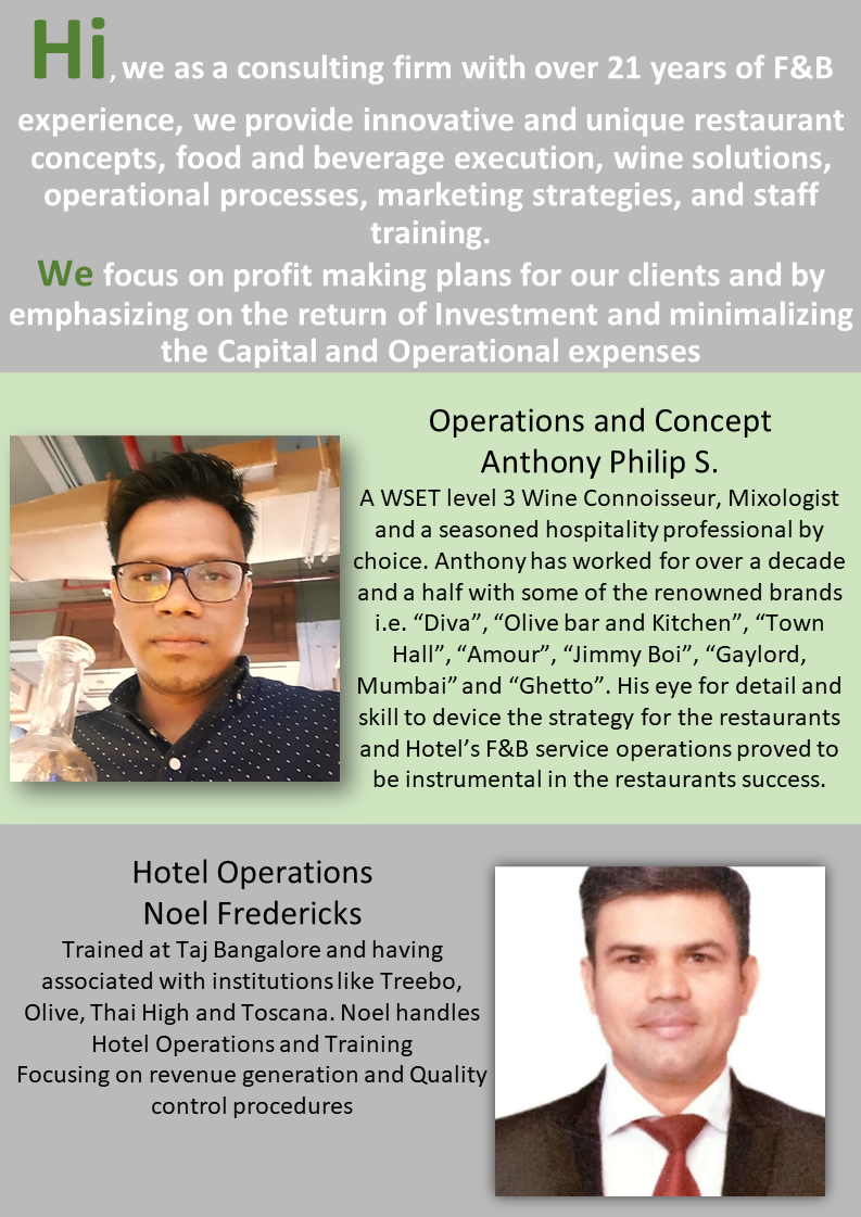 Information about a consulting firm specializing in restaurant and hotel management, featuring profiles and photos of experts Anthony Philip S. and Noel Fredicks.
