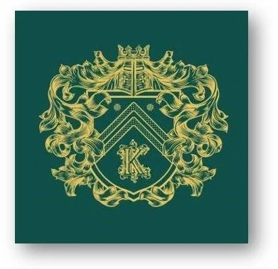 A gold crest with a crown, flourishes, and a shield featuring the letter 'K' on a dark green background.