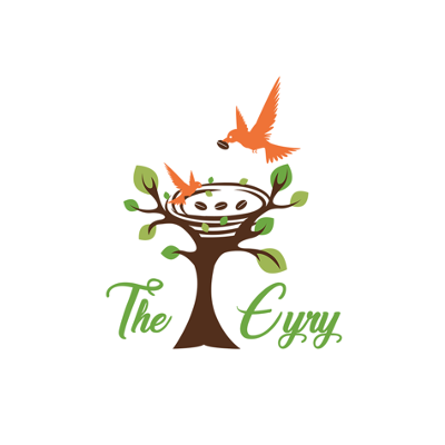 A stylized tree with green leaves, a nest in the center, and three orange birds flying near it. Text below reads 'The Cyyy' in green cursive.