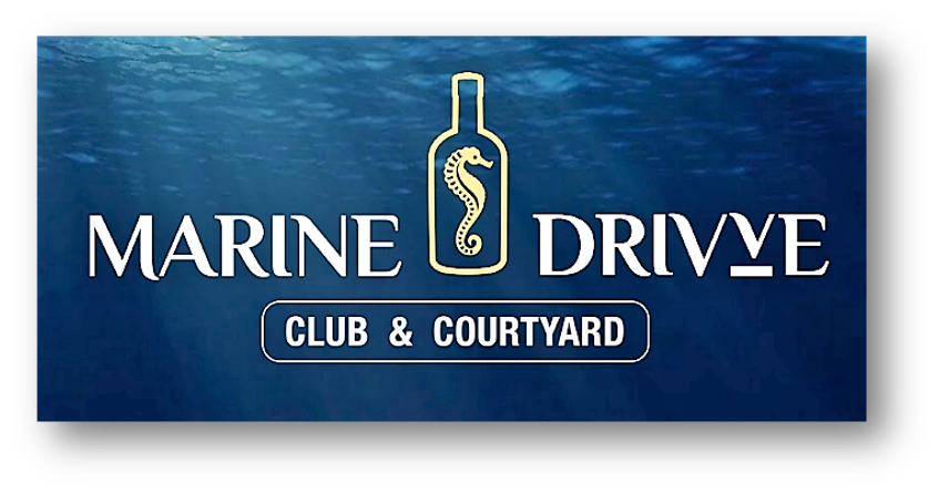 Logo for Marine Drive Club & Courtyard featuring a seahorse inside a bottle on a blue background.